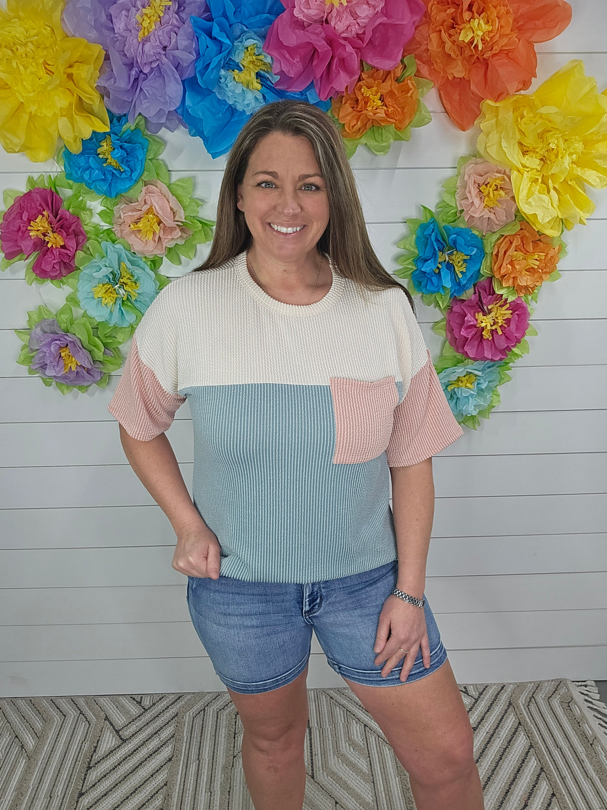 IVORY/SAGE/MAUVE RIBBED COLORBLOCK TOP