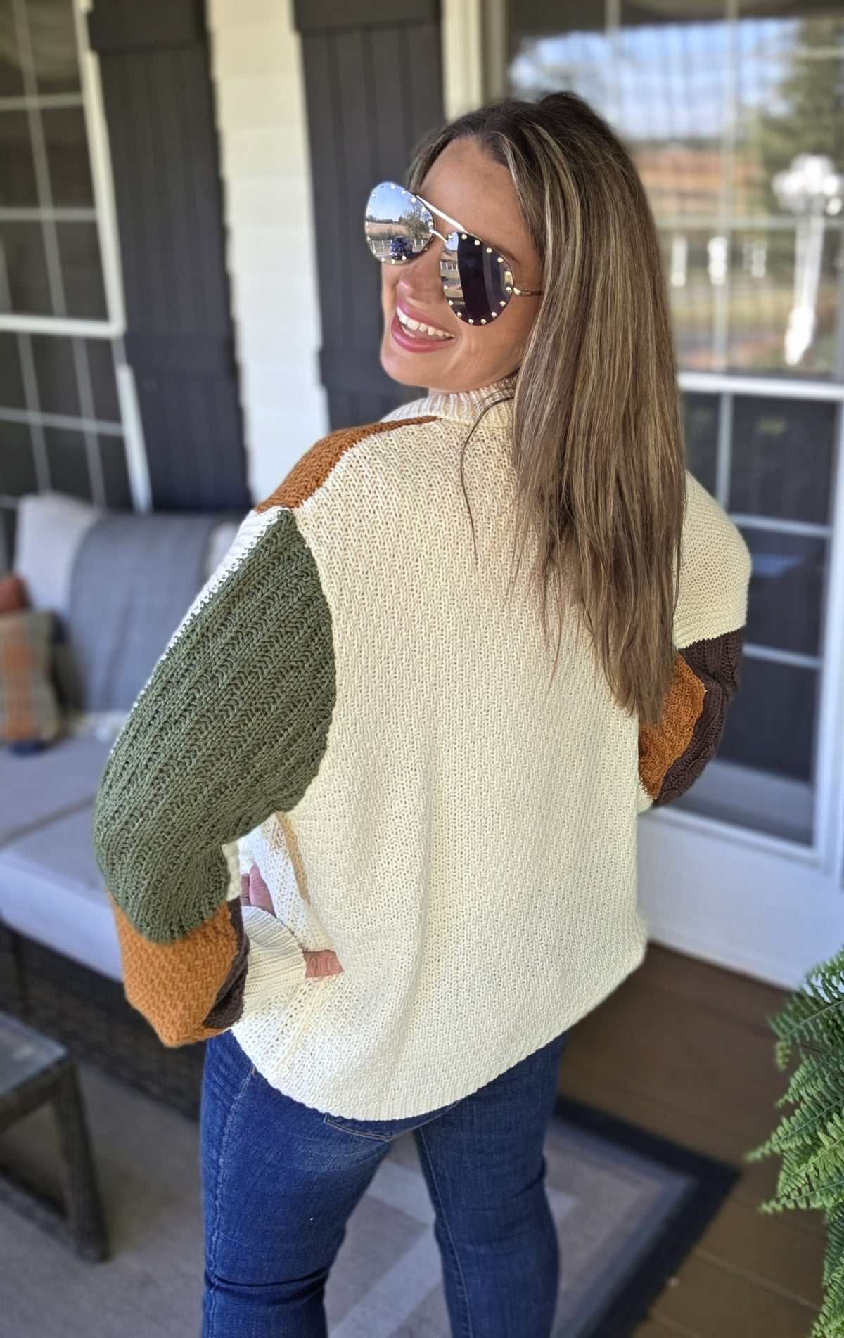 OLIVE/IVORY/CAMEL KNIT BLOCK BUTTON TRIM SWEATER