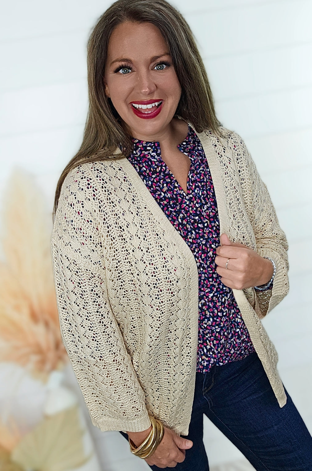 BEIGE OPEN KNIT DROP SHOULDER CARDIGAN