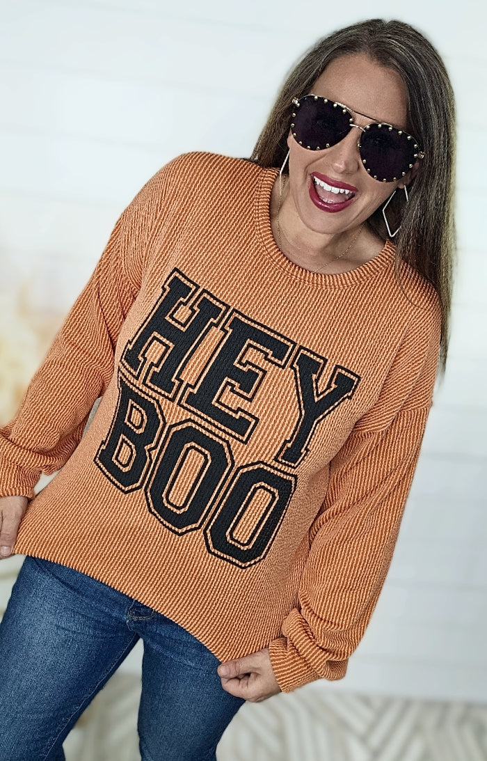 BURNT ORANGE RAISED RIBBED "HEY BOO" TOP