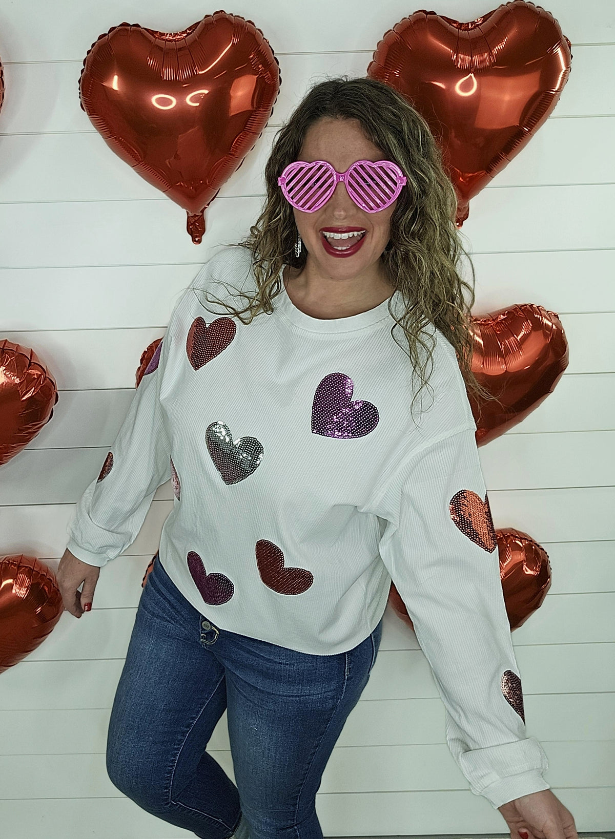 WHITE CORDED PULLOVER W/ SEQUIN HEARTS