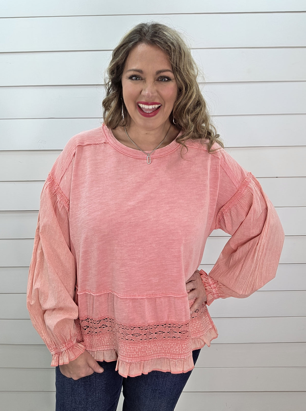 CORAL OVERSIZED MINERAL WASHED LACE TRIM TOP