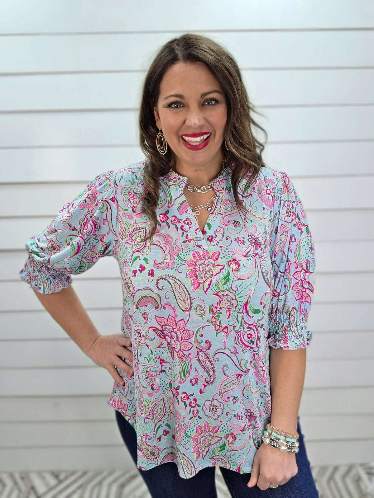 DEAR SCARLETT SMOCKED TOP - AQUA PINK PAISLEY PRINT