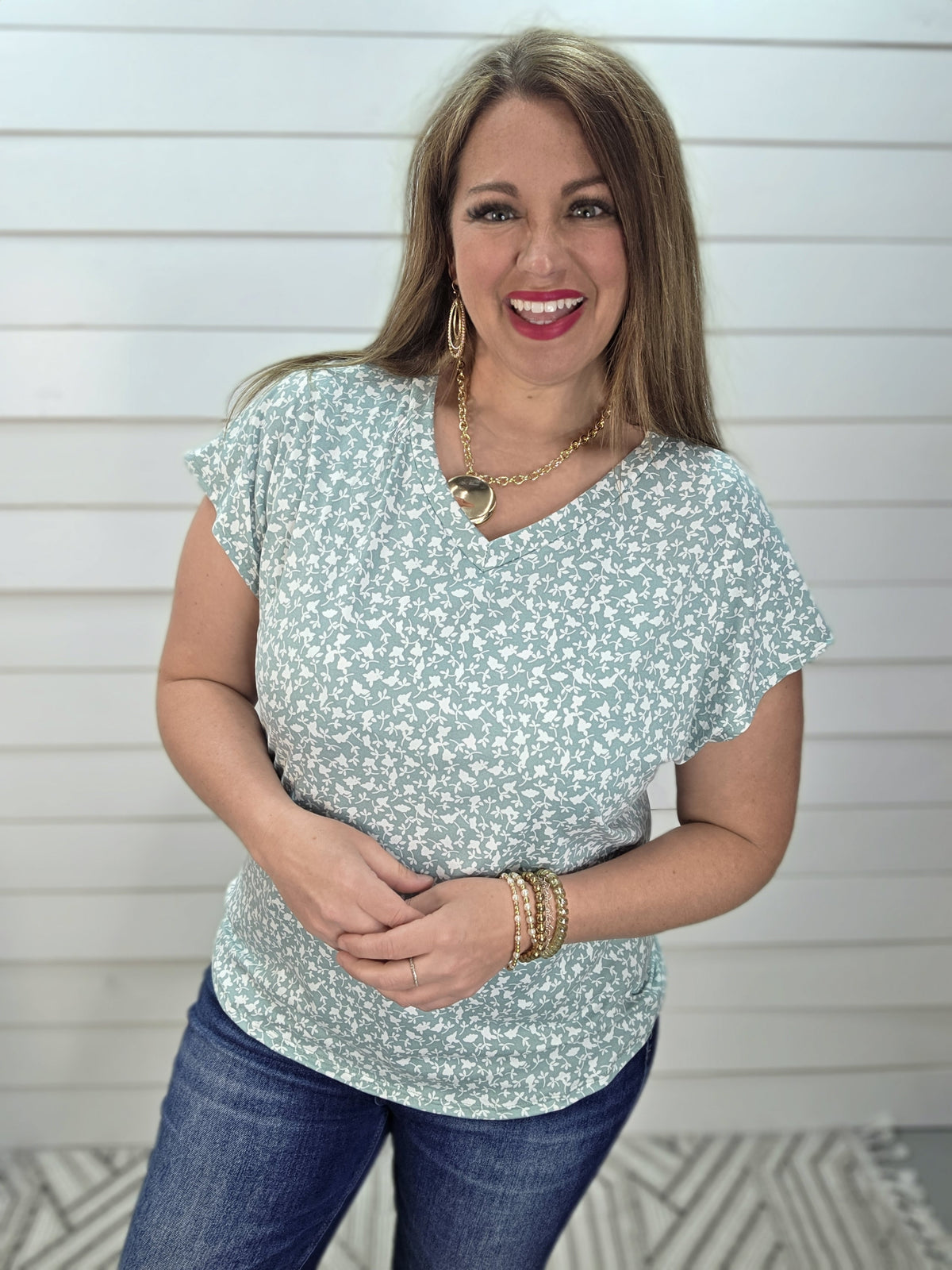 SAGE FLORAL V NECK BUTTER SOFT TOP