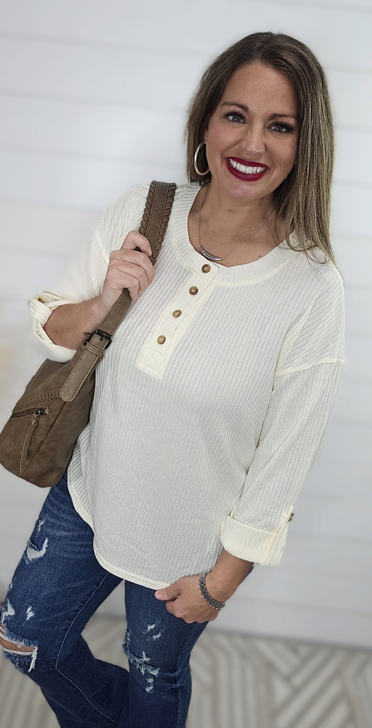 CREAM HENLEY 3/4 ROLL UP SLEEVE KNIT TOP