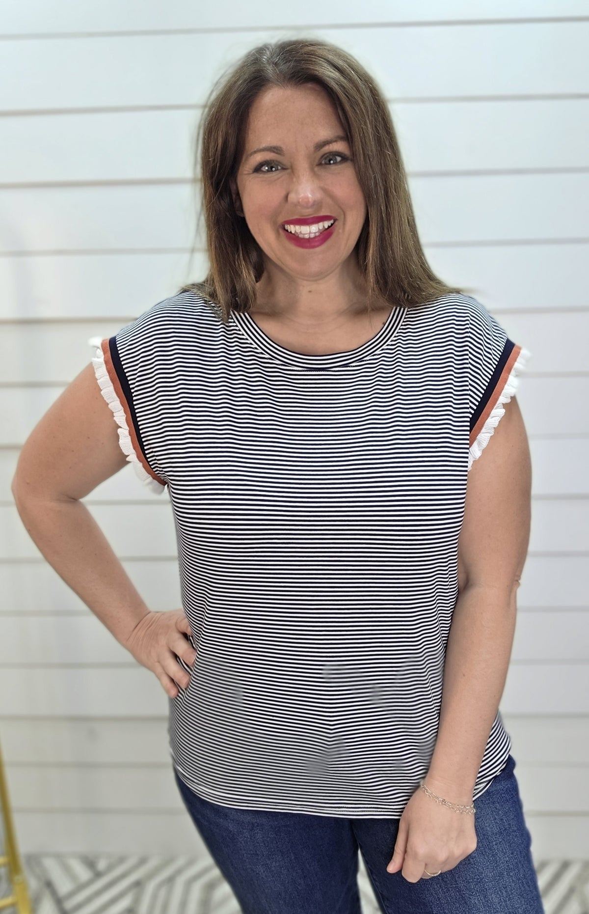 NAVY PINSTRIPED KNIT TOP W/  COLORBLOCK SLEEVES