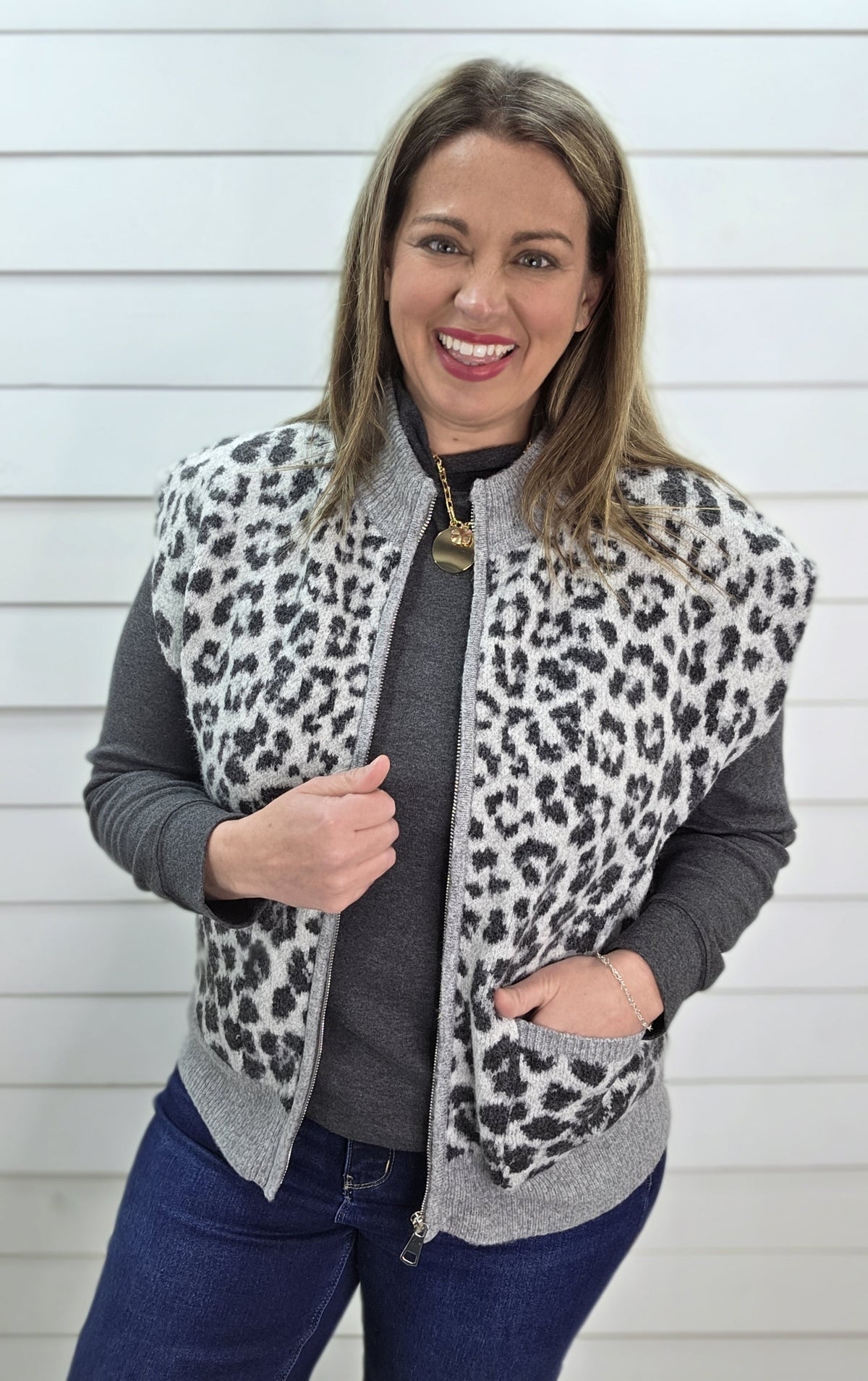 GREY/BLACK LEOPARD ZIP UP SWEATER VEST