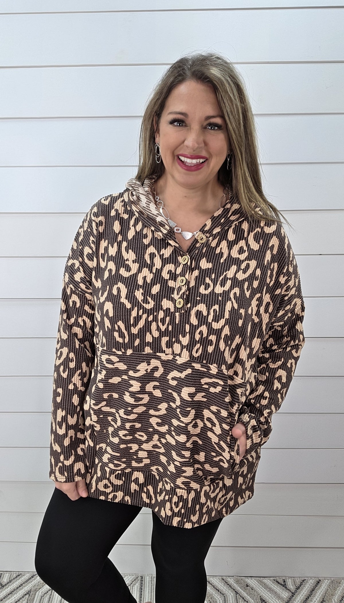 BROWN ANIMAL OVERSIZED HOODED RAISED RIBBED TOP