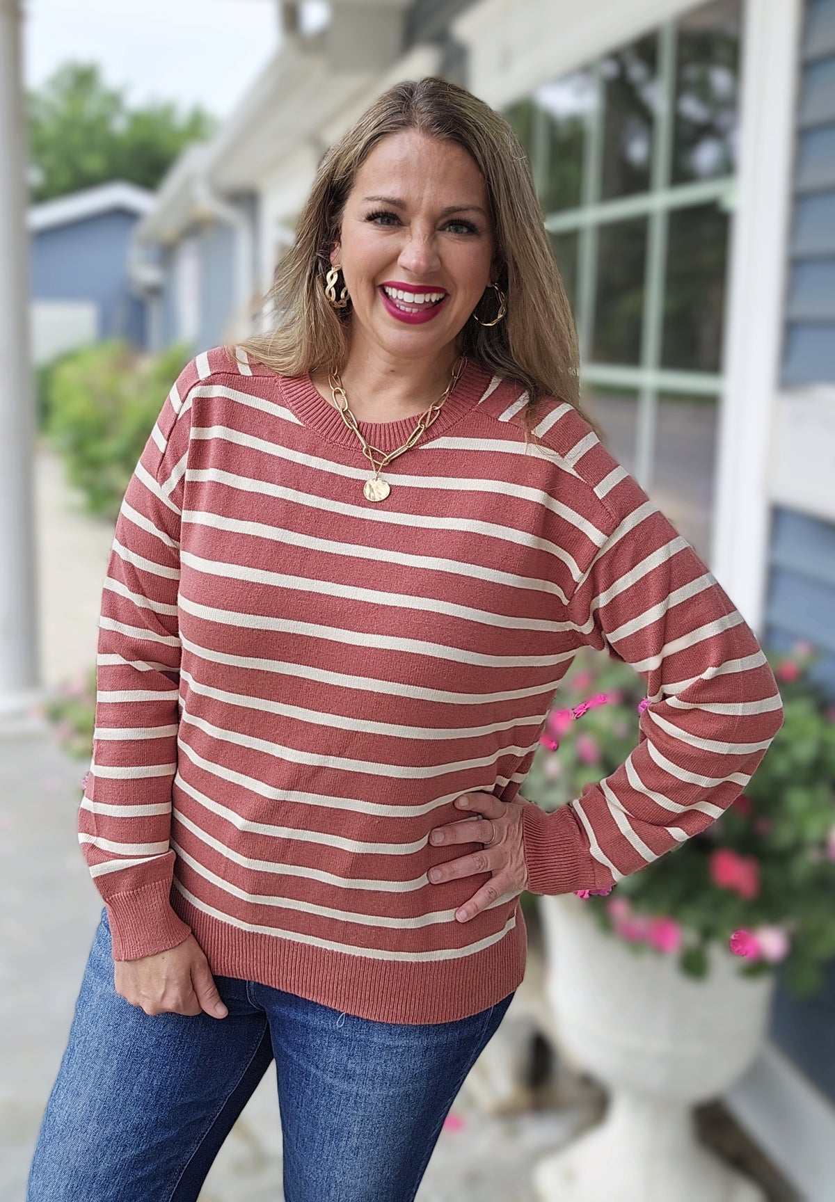 MARSALA STRIPED REGLAN SLEEVE SWEATER