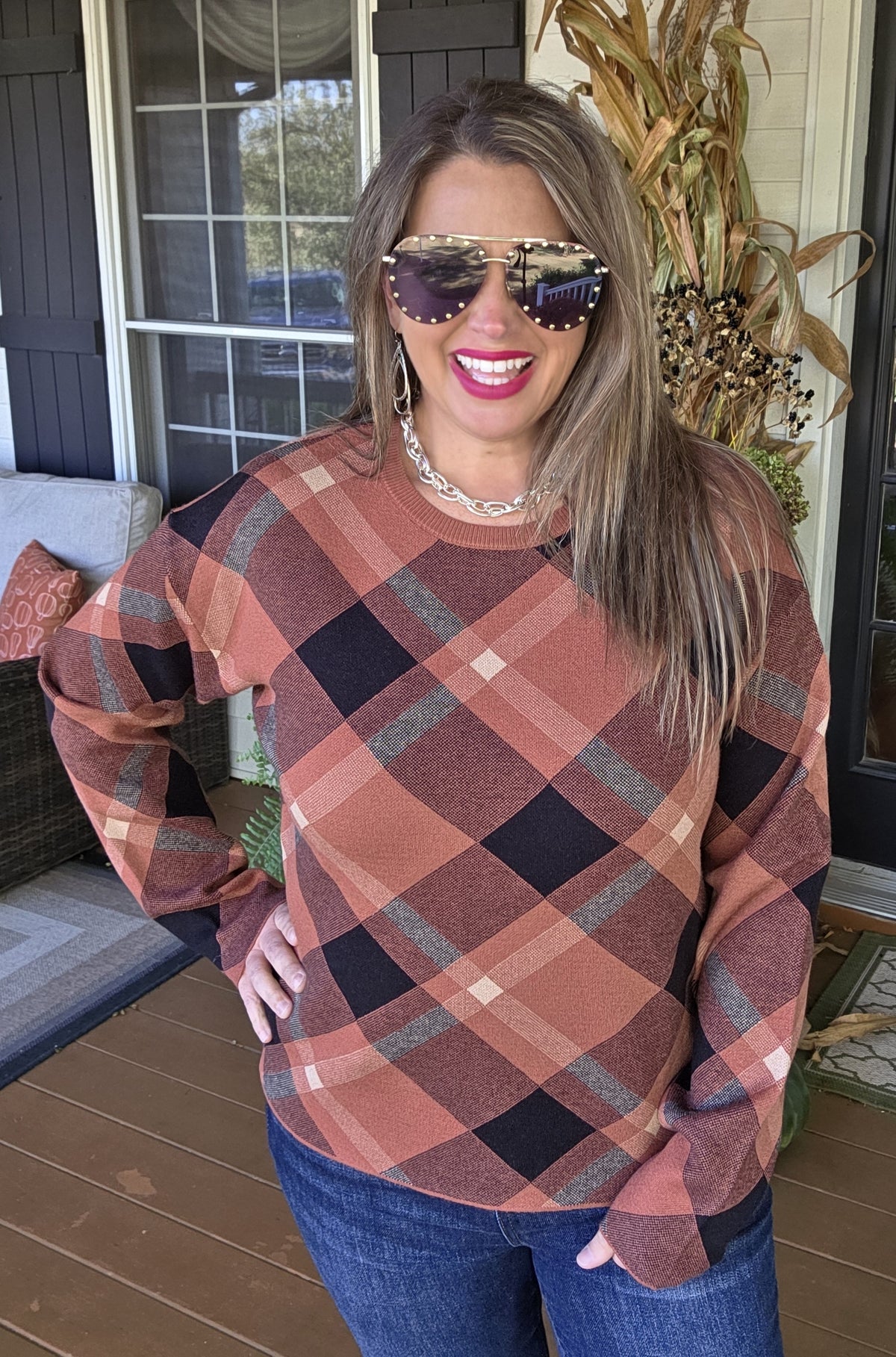 MARSALA CHECKER JACQUARD CREW NECK PULLOVER SWEATER
