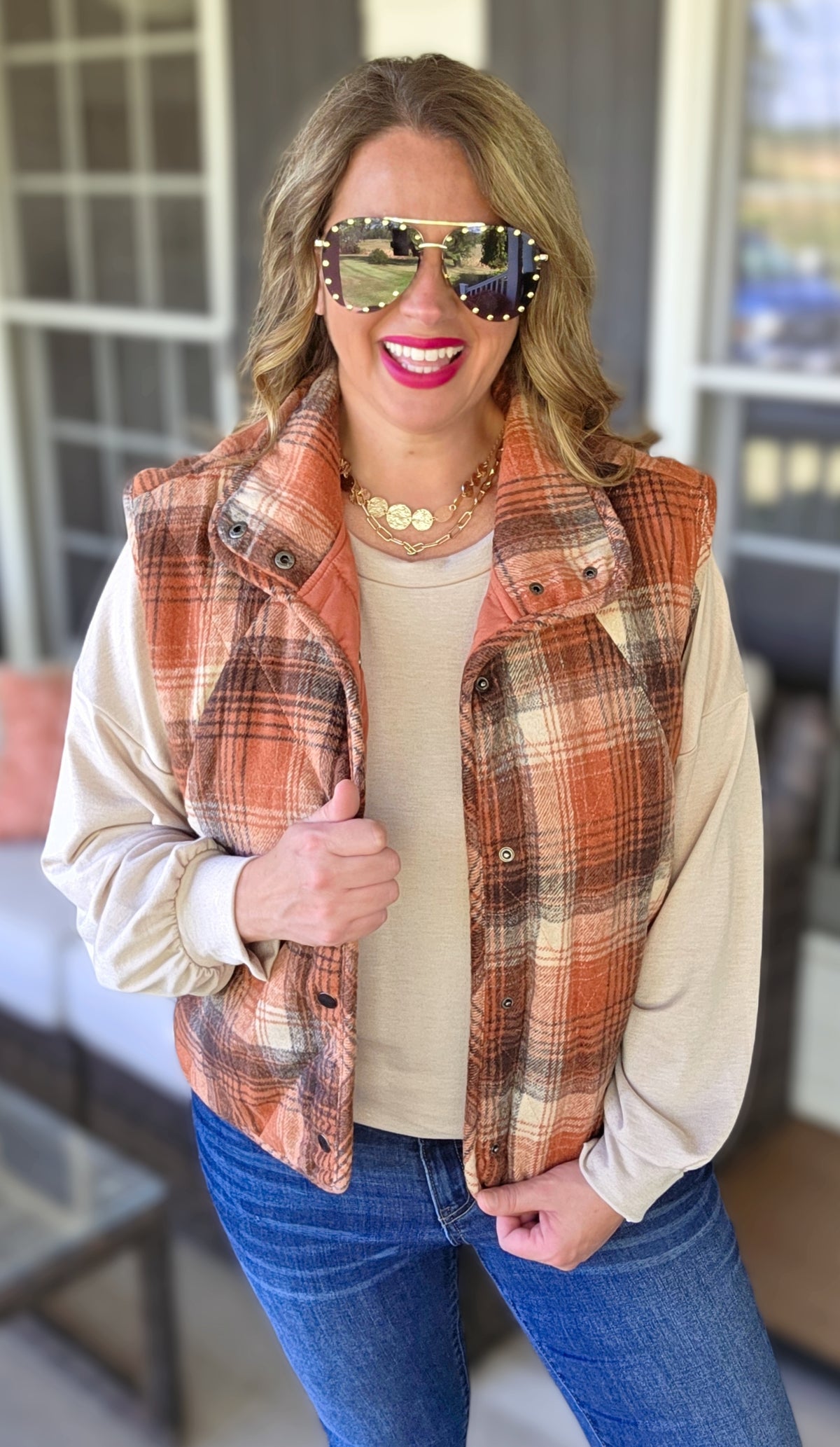 RUST PLAID SNAP BUTTON VEST