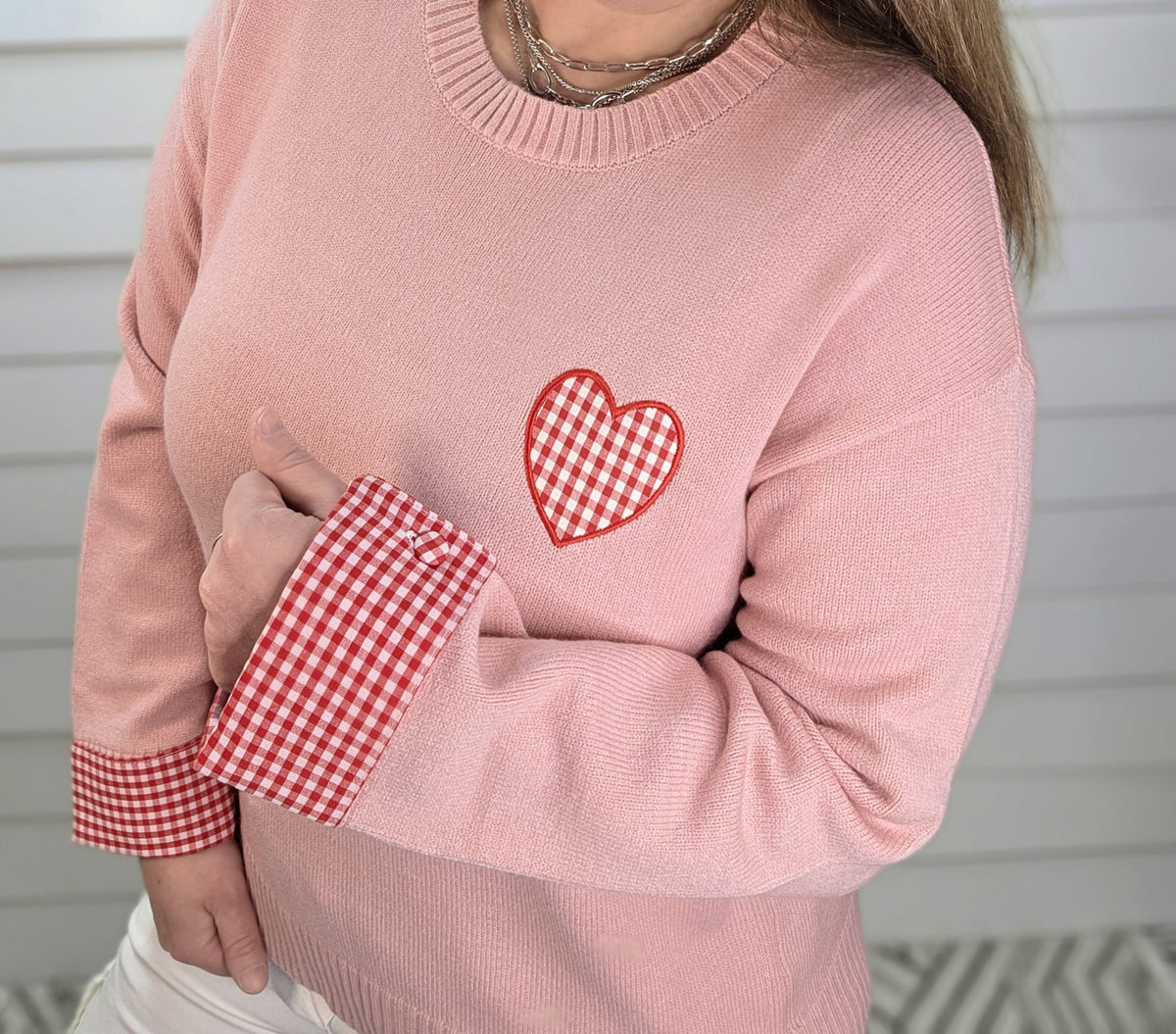 LIGHT PINK GINGHAM HEART KNIT SWEATER