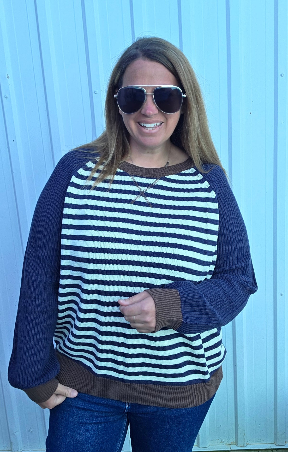 NAVY Striped Colorblock Raglan Long Sleeve Crew Sweater