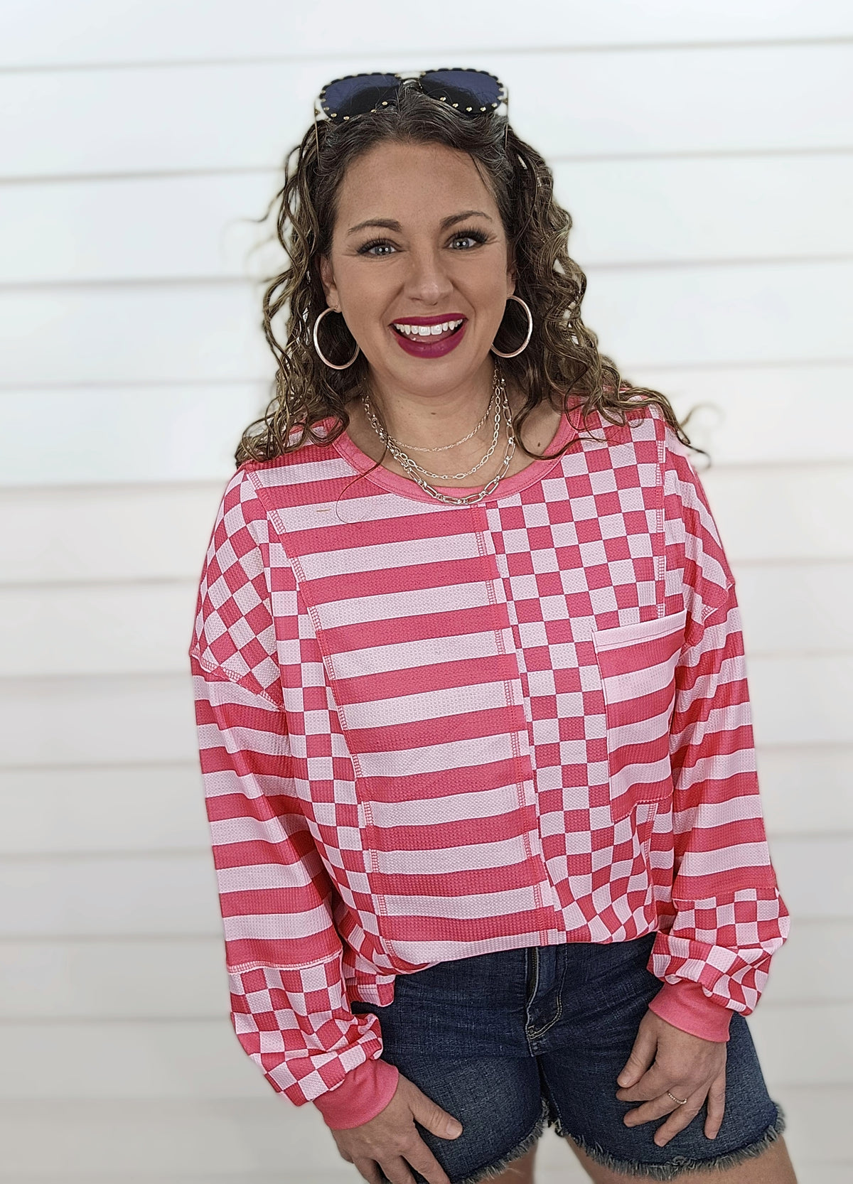 PINK OVERSIZED CHECKERED PATCHWORK KNIT TOP