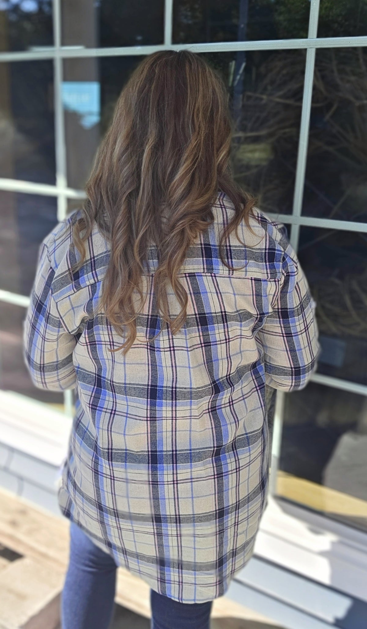 BEIGE/BLUE/PINK PLAID BUTTON UP TOP W/ ROLL UP SLEEVES