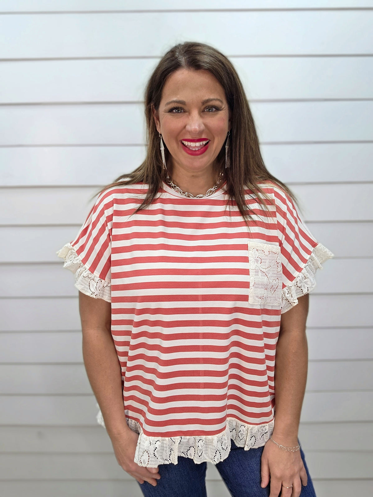MUTED RED STRIPED KNIT TOP W/ LACE ACCENTS