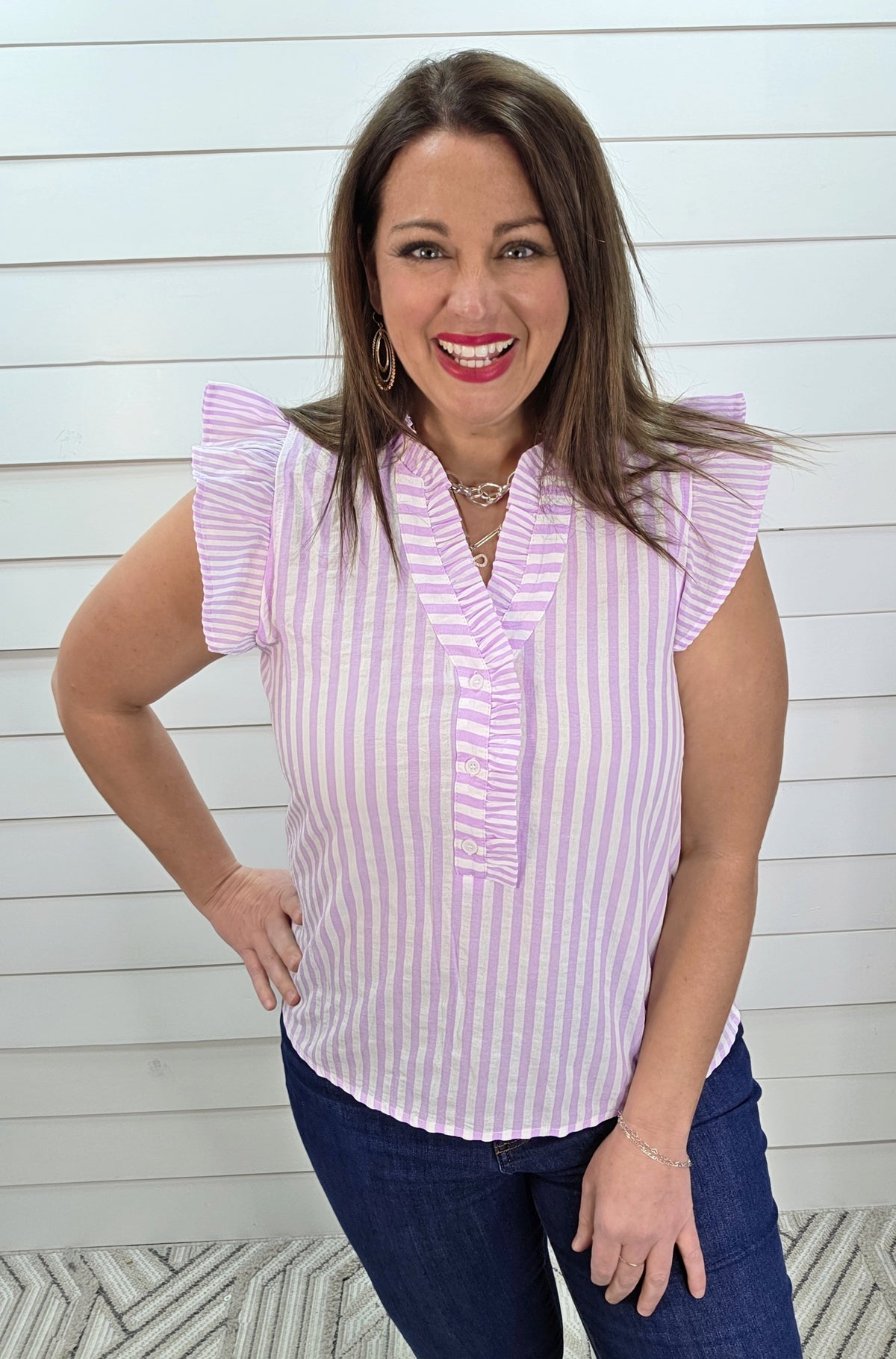 LAVENDER VERTICAL STRIPED V NECK HENLEY RUFFLE TRIM TOP