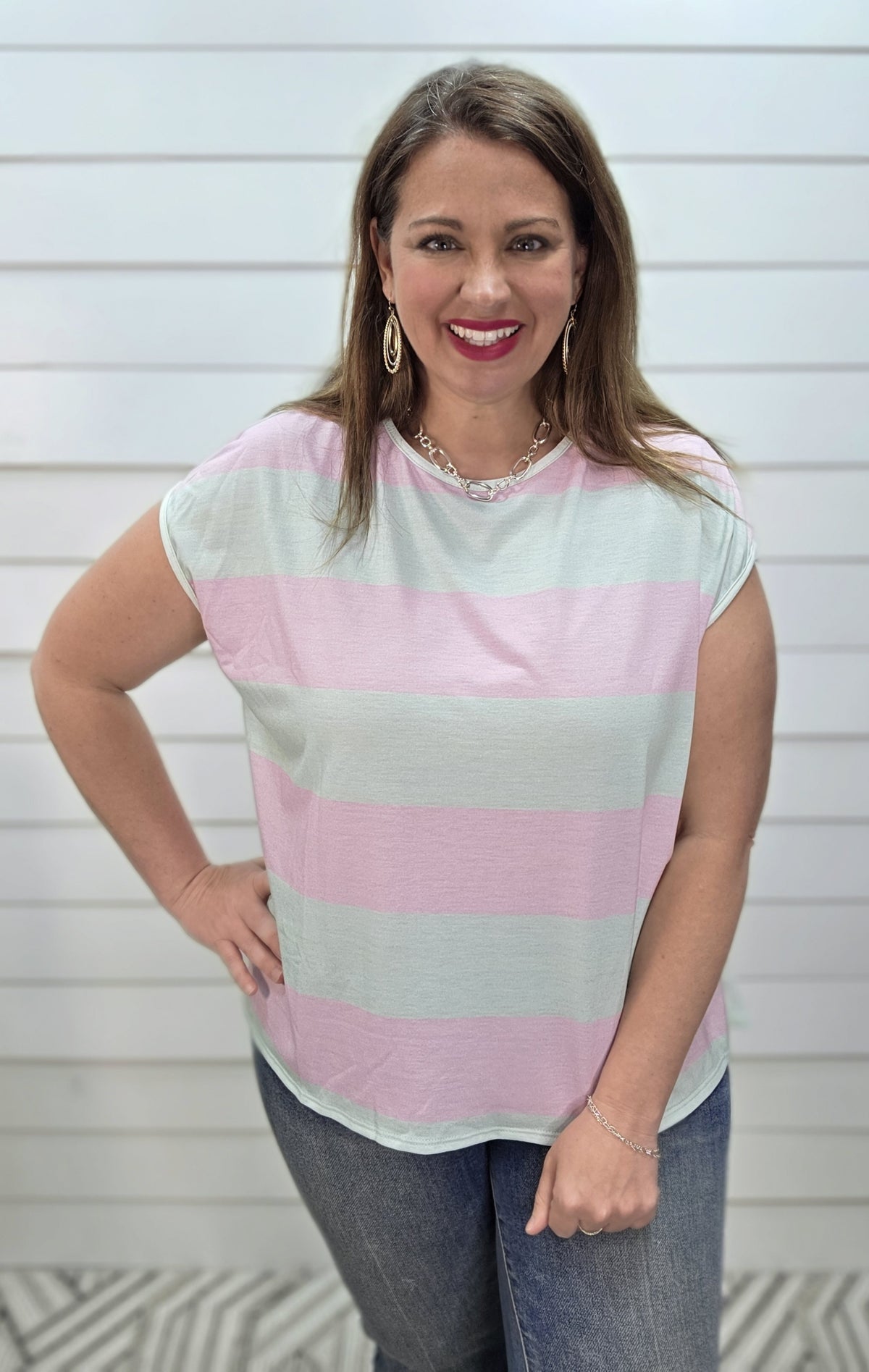 BLUSH/MINT LOOSE FIT BOLD STRIPED KNIT TOP