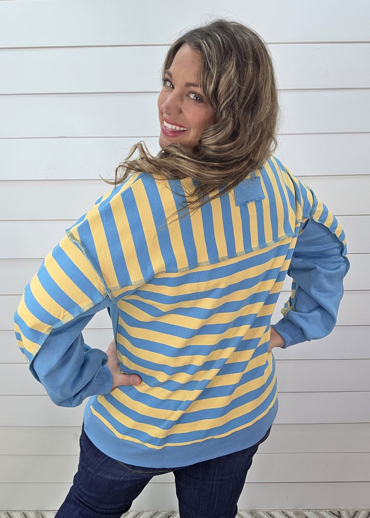 YELLOW/BLUE STRIPED FRENCH TERRY HENLEY PULLOVER
