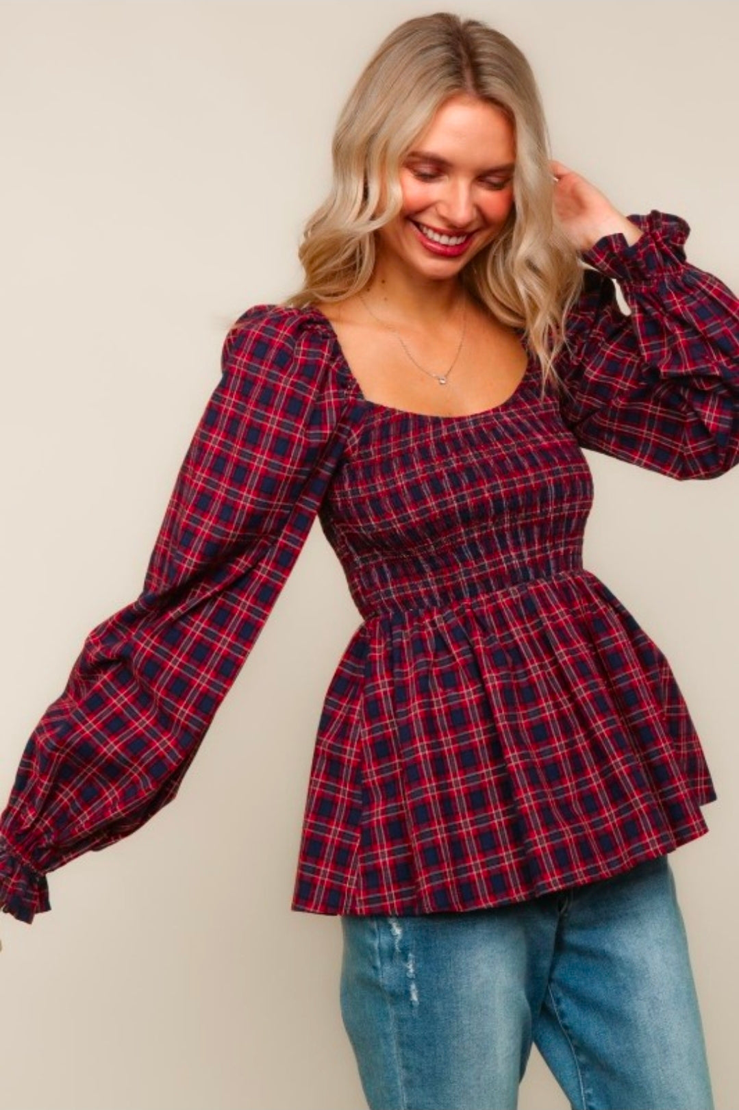 RED/BLUE PLAID SMOCKED TOP PEPLUM TOP