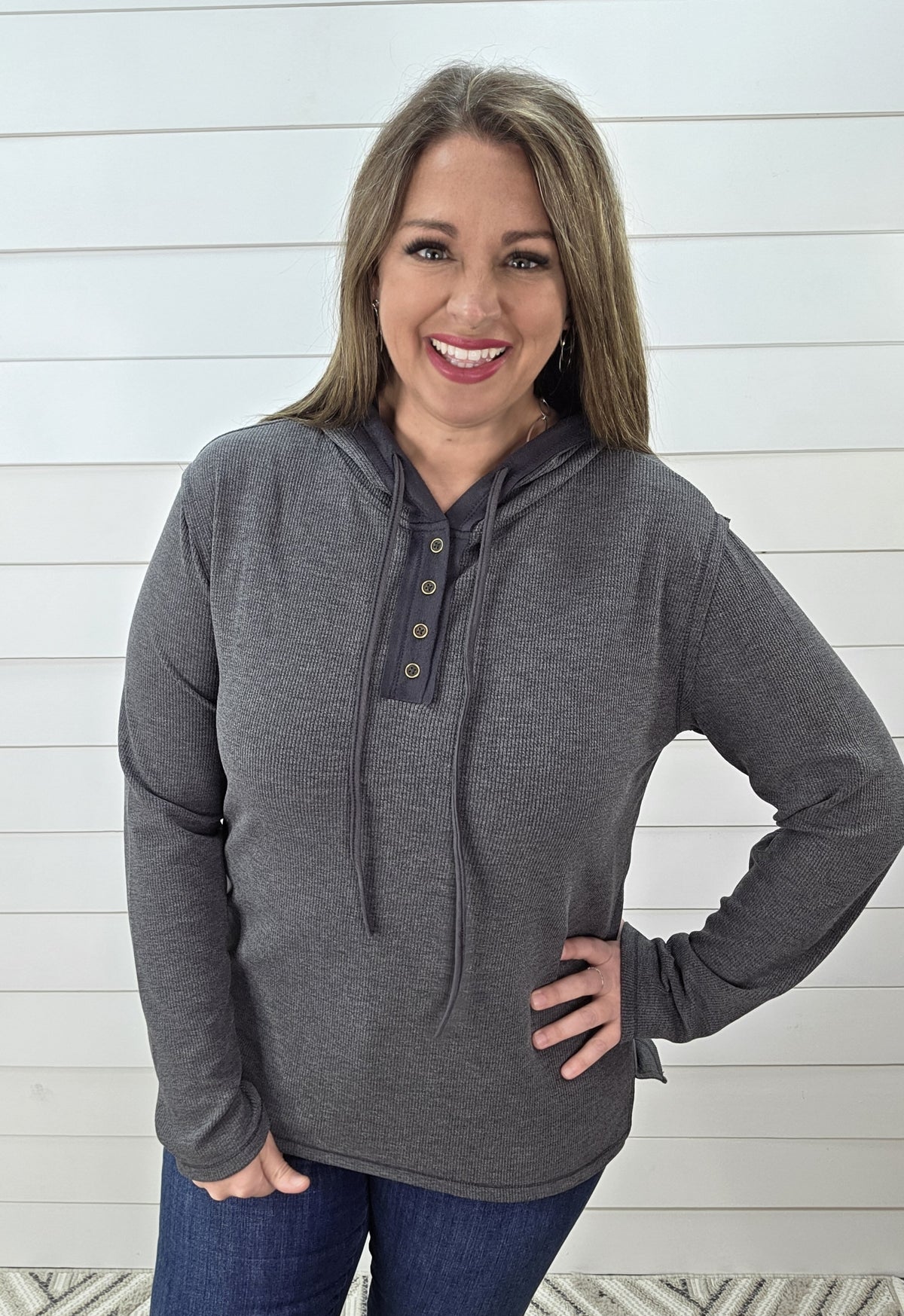 CHARCOAL BUTTON HENLEY KNIT TOP W/ SUEDE CONTRAST