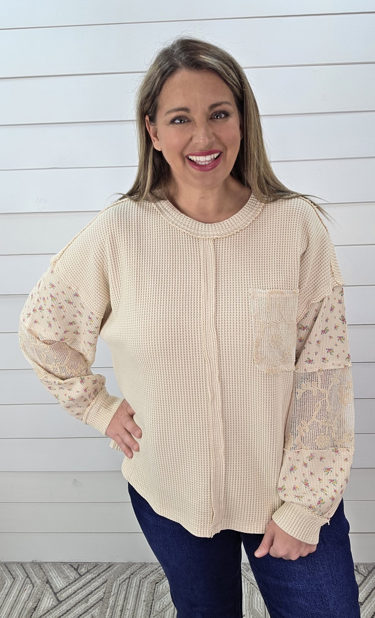 NATURAL WAFFLE TEXTURE CONTRAST SLEEVE KNIT OVERSIZED TOP