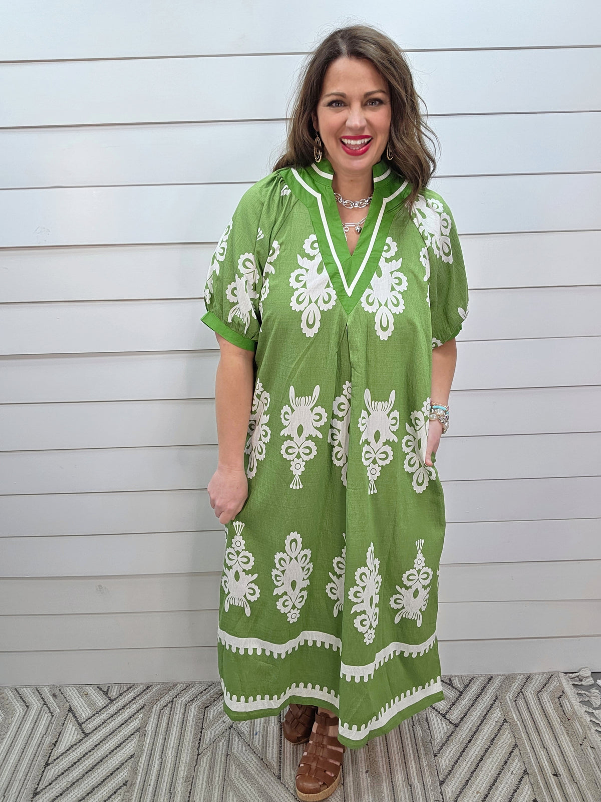 GREEN BORDER PRINT LONG WOVEN DRESS