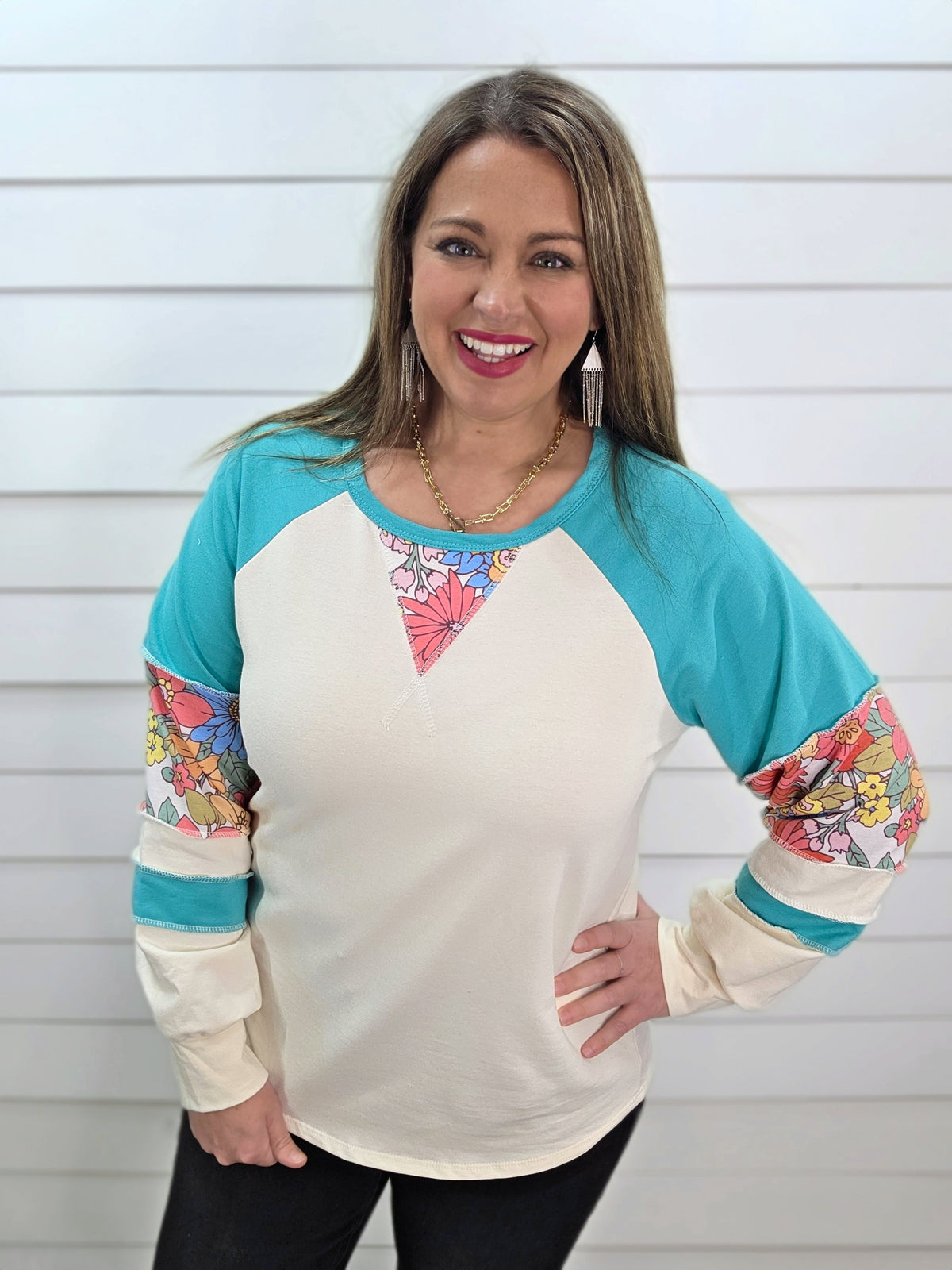 TEAL/CREAM FLORAL CONTAST FRENCH TERRY KNIT TOP