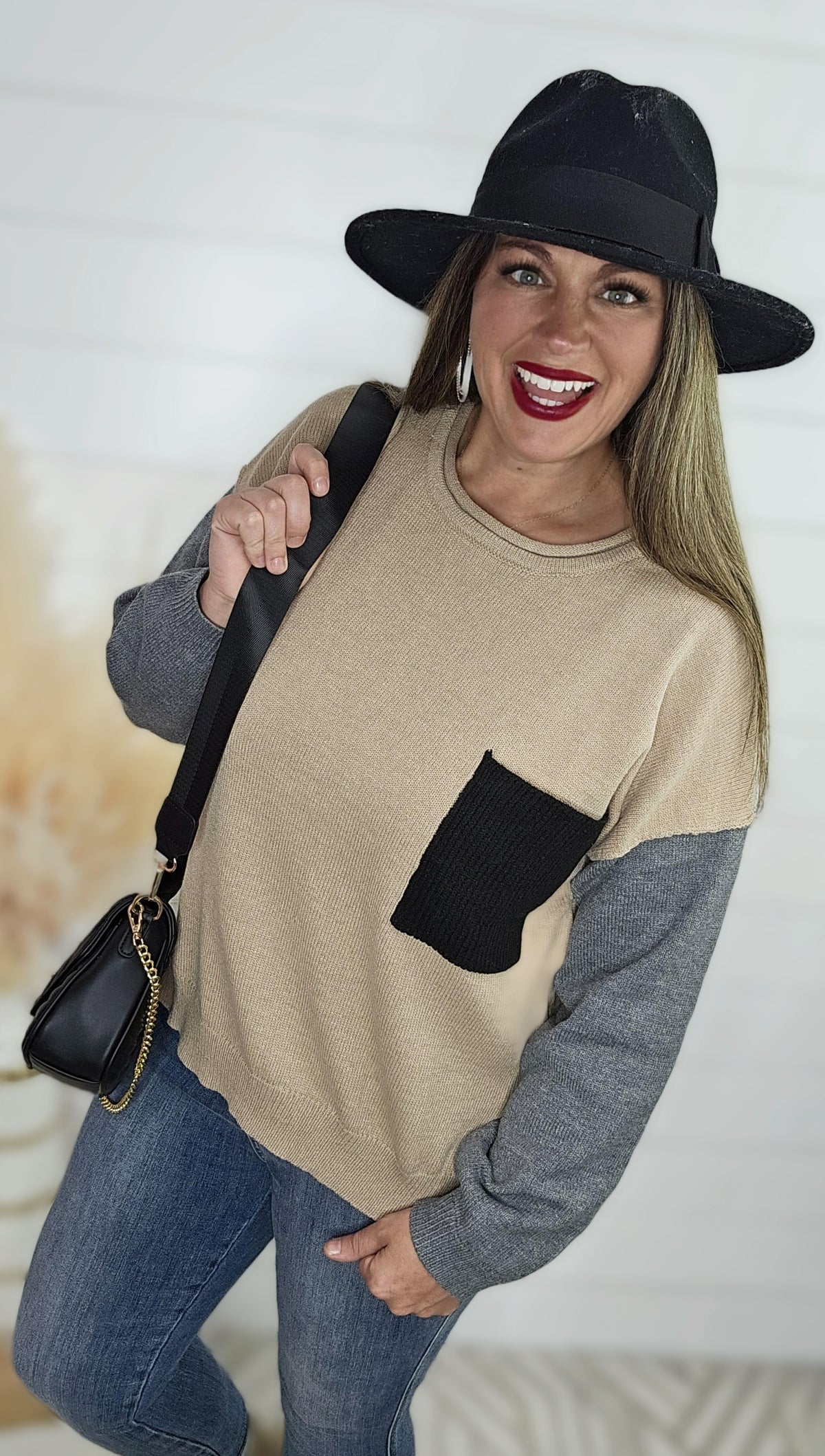 KHAKI/GREY/BLACK COLORBLOCK CREW NECK SWEATER