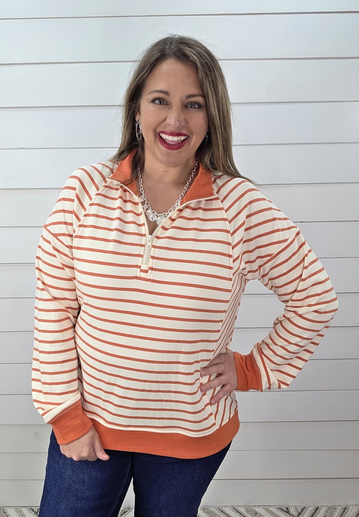 TANGERINE STRIPED FRENCH TERRY QUARTER ZIP