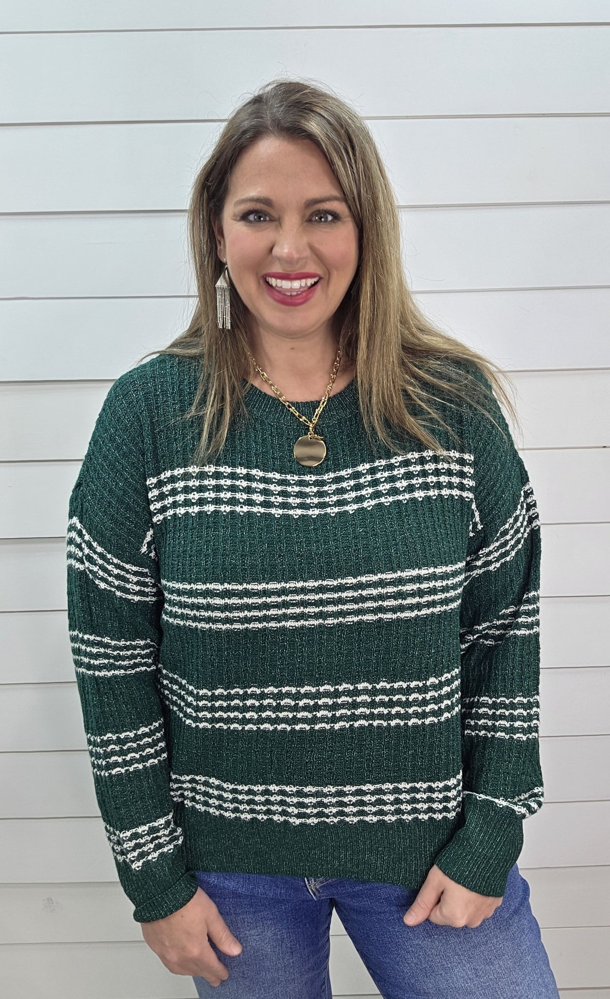 HUNTER GREEN STRIPED TEXTURED PULLOVER SWEATER