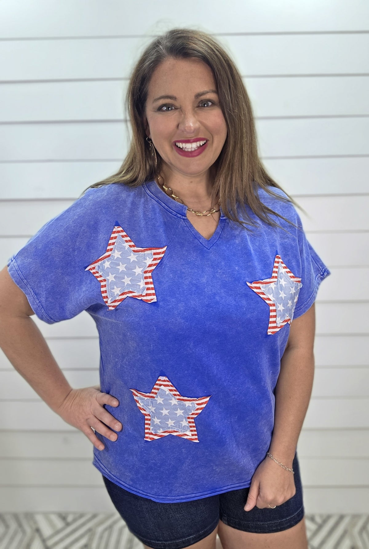 BLUE MINERAL WASH STAR KNIT TOP