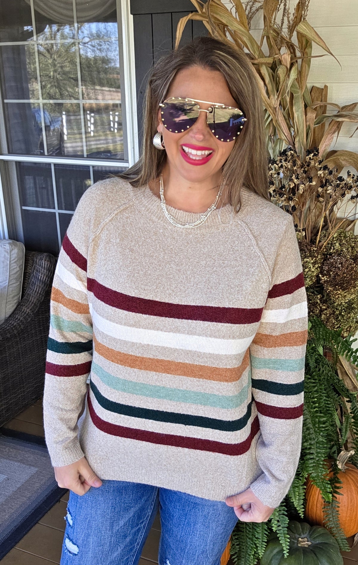 TAUPE MULTI STRIPE KNIT CREW NECK LIGHT WEIGHT SWEATER