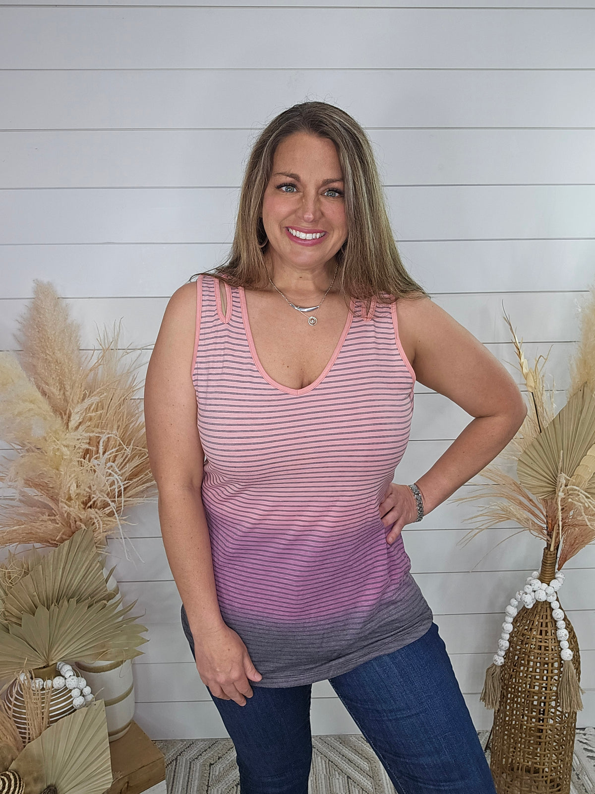 PINK OMBRE STRIPED KNIT TANK