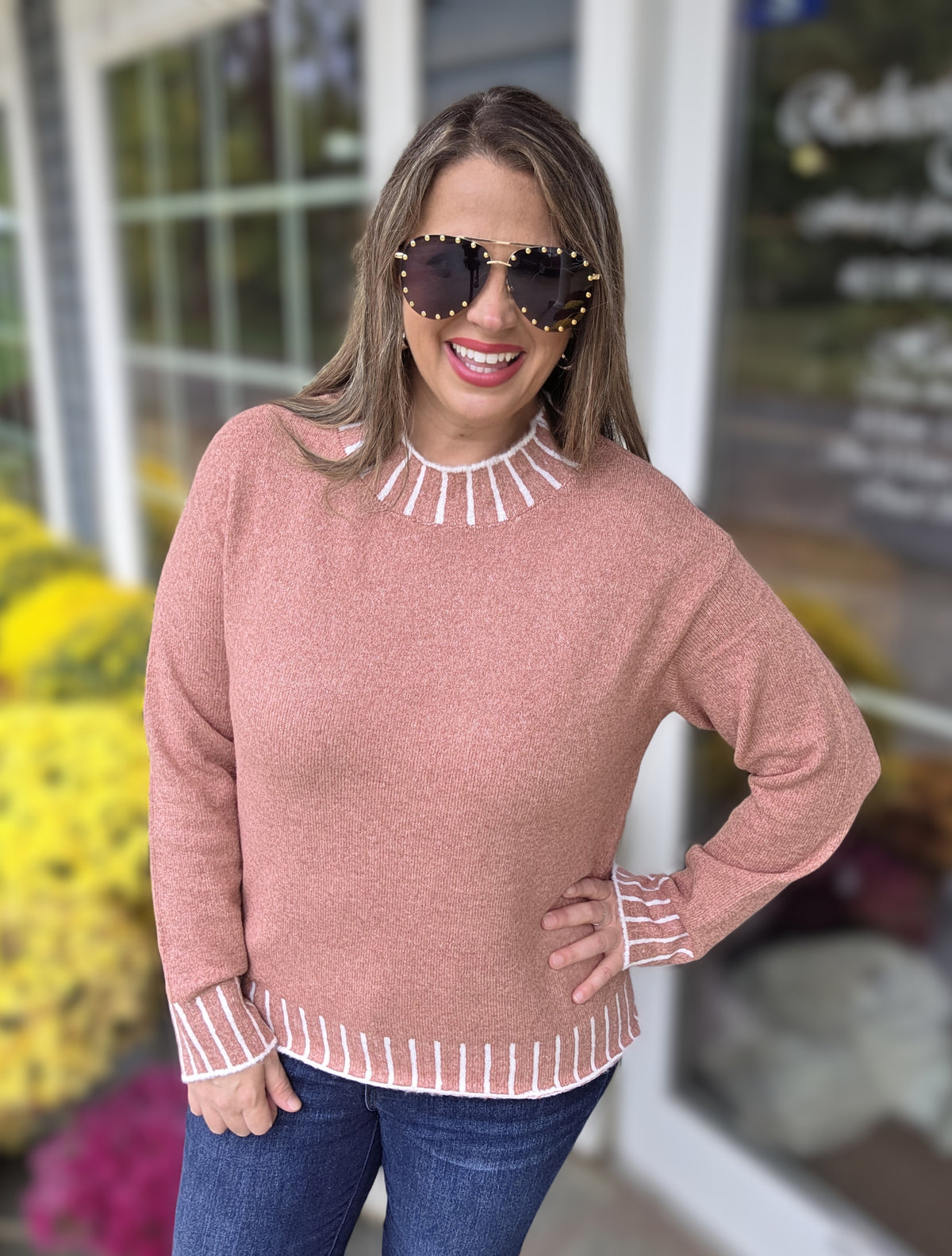 MAUVE FAUX STITCH DETAIL KNIT SWEATER