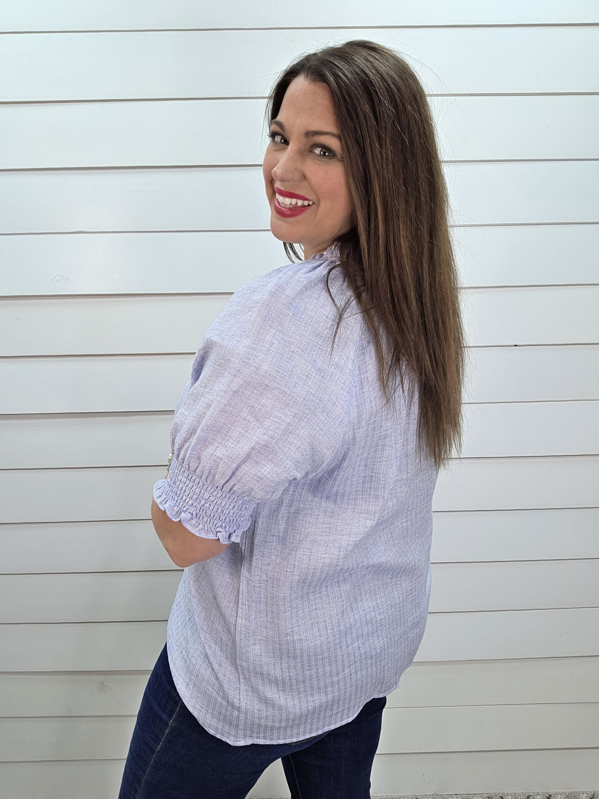 LIGHT BLUE RUFFLED COLLAR V NECK SMOCKED SLEEVE WOVEN TOP