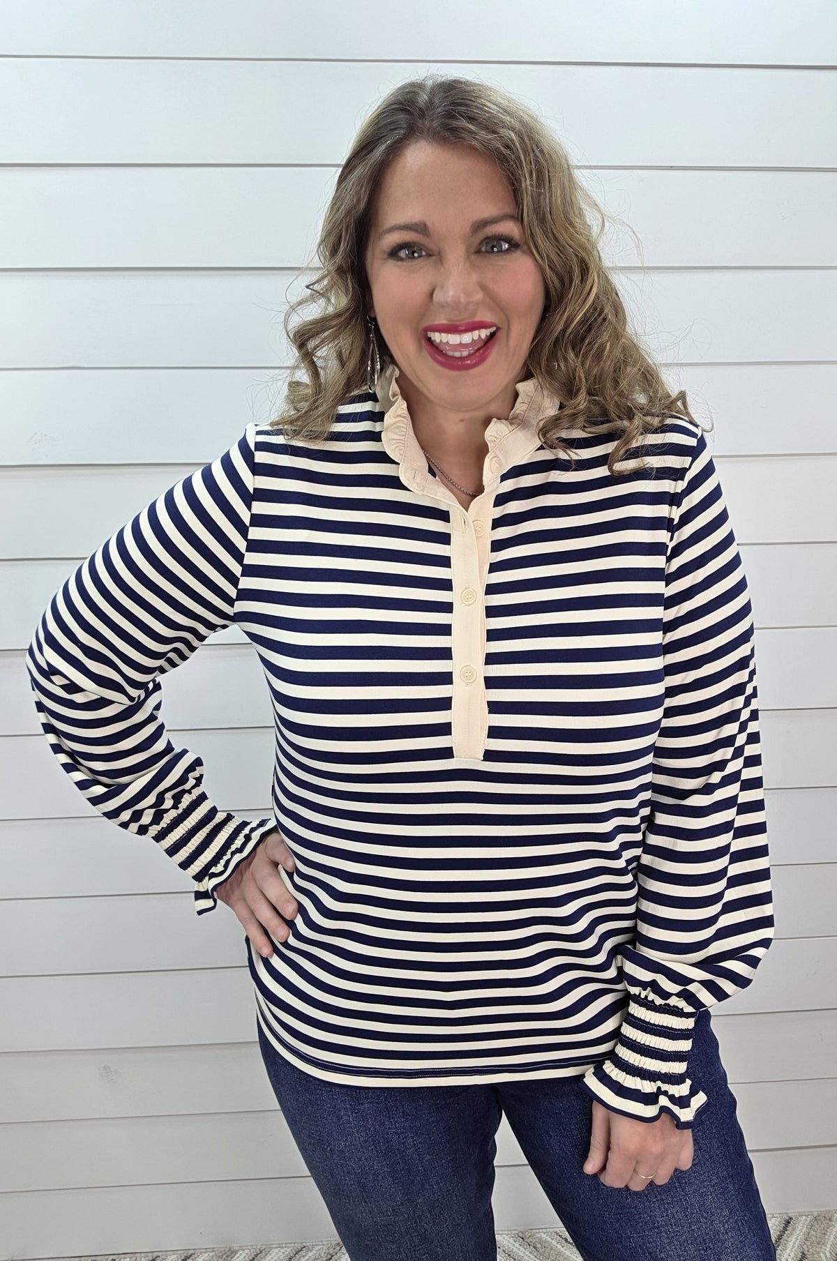 NAVY STRIPED HIGH RUFFLE NECKLINE WITH SMOCKED SLEEVES KNIT TOP