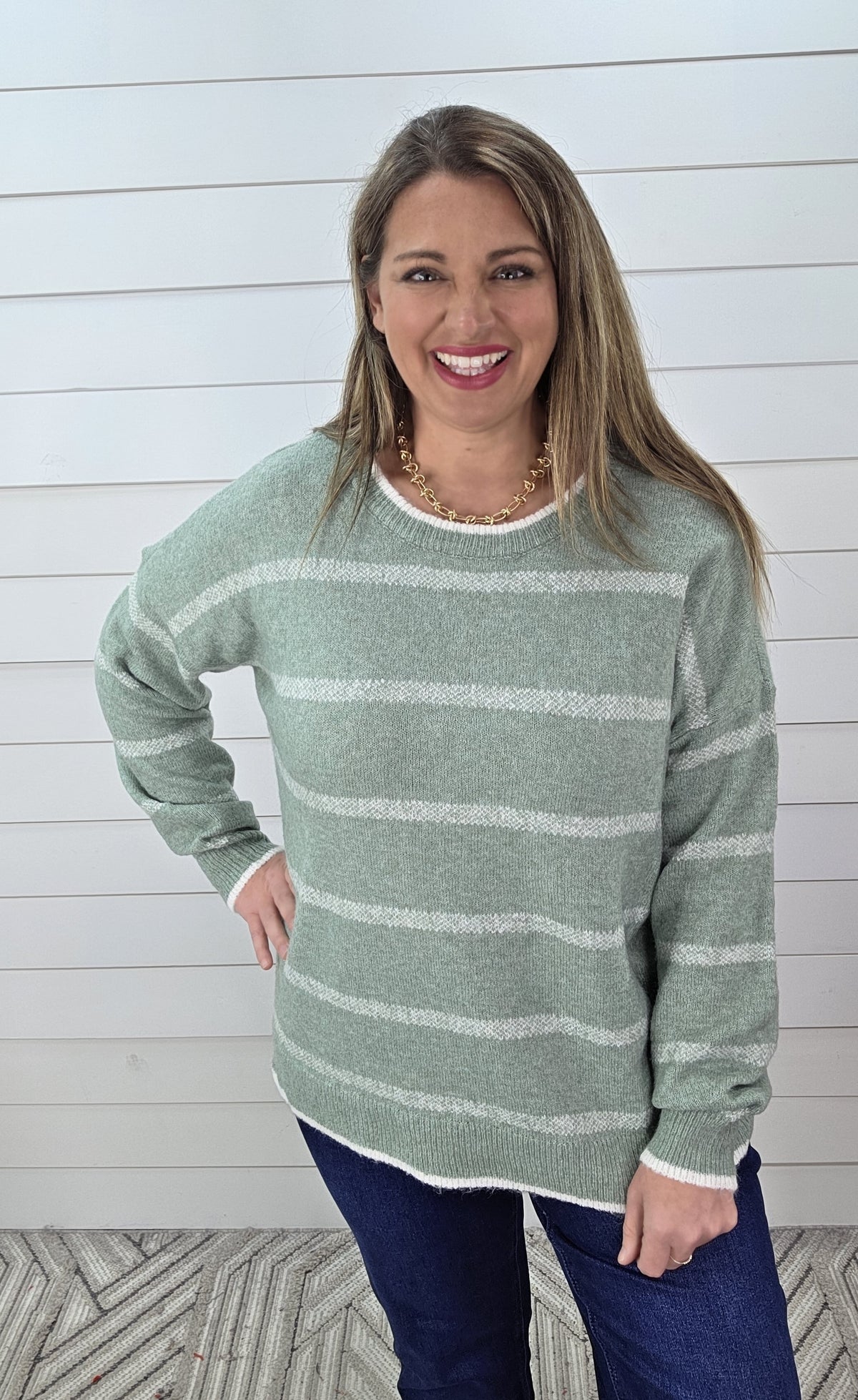 SAGE/CREAM STRIPED KNIT LIGHT WEIGHT SWEATER