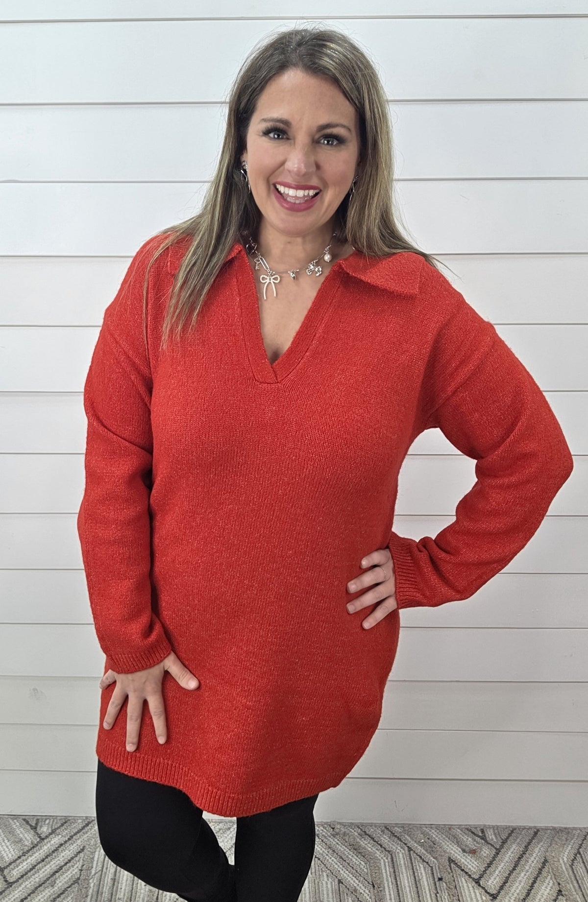 RED V NECK LAY DOWN COLLAR SWEATER DRESS