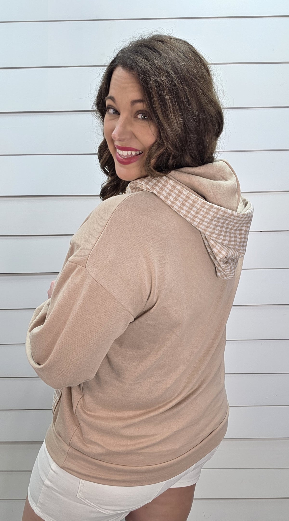 TAUPE FRENCH TERRY LIGHT WEIGHT GINGHAM HOODIE
