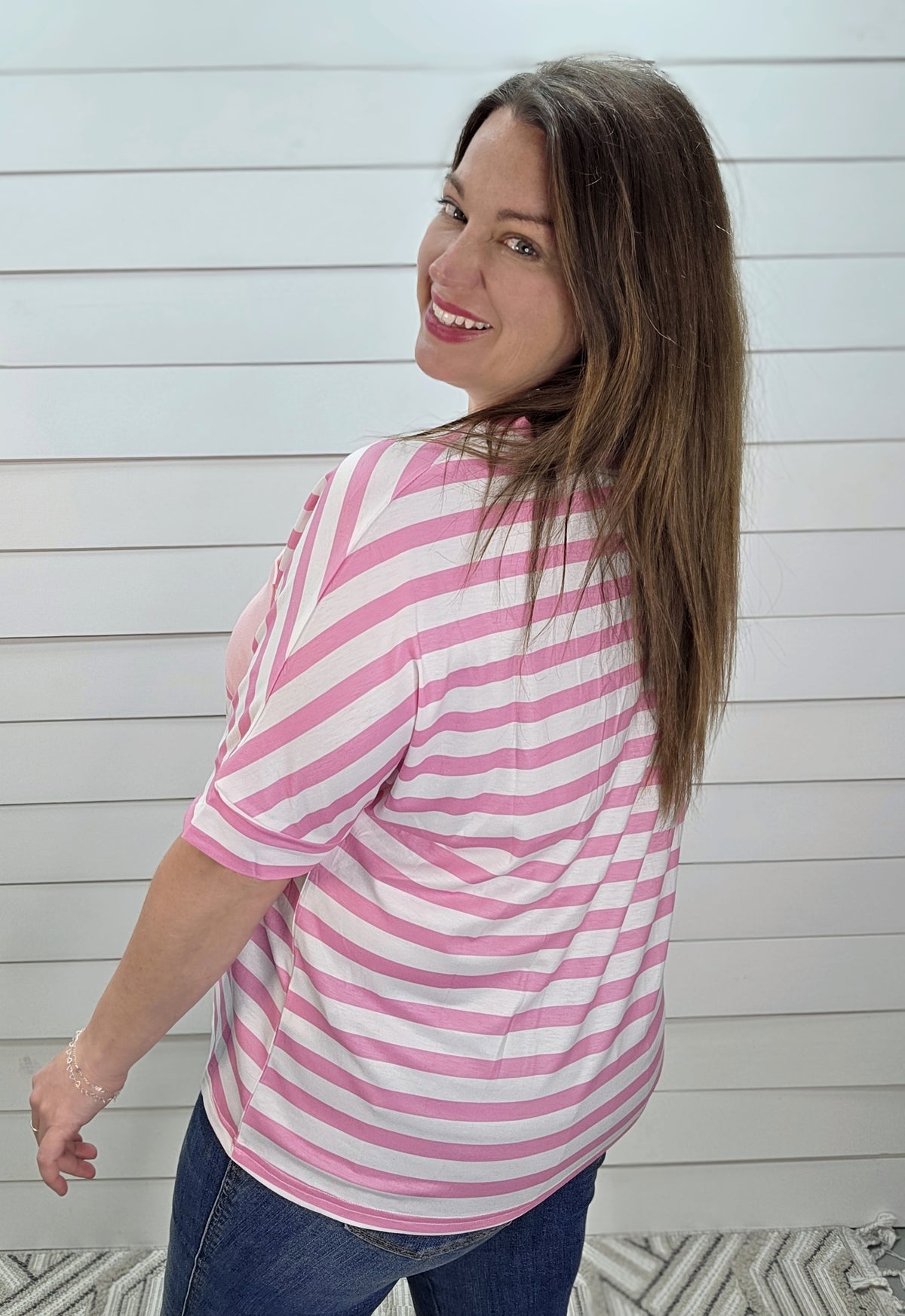 PINK STRIPED V NECK POCKET KNIT TOP