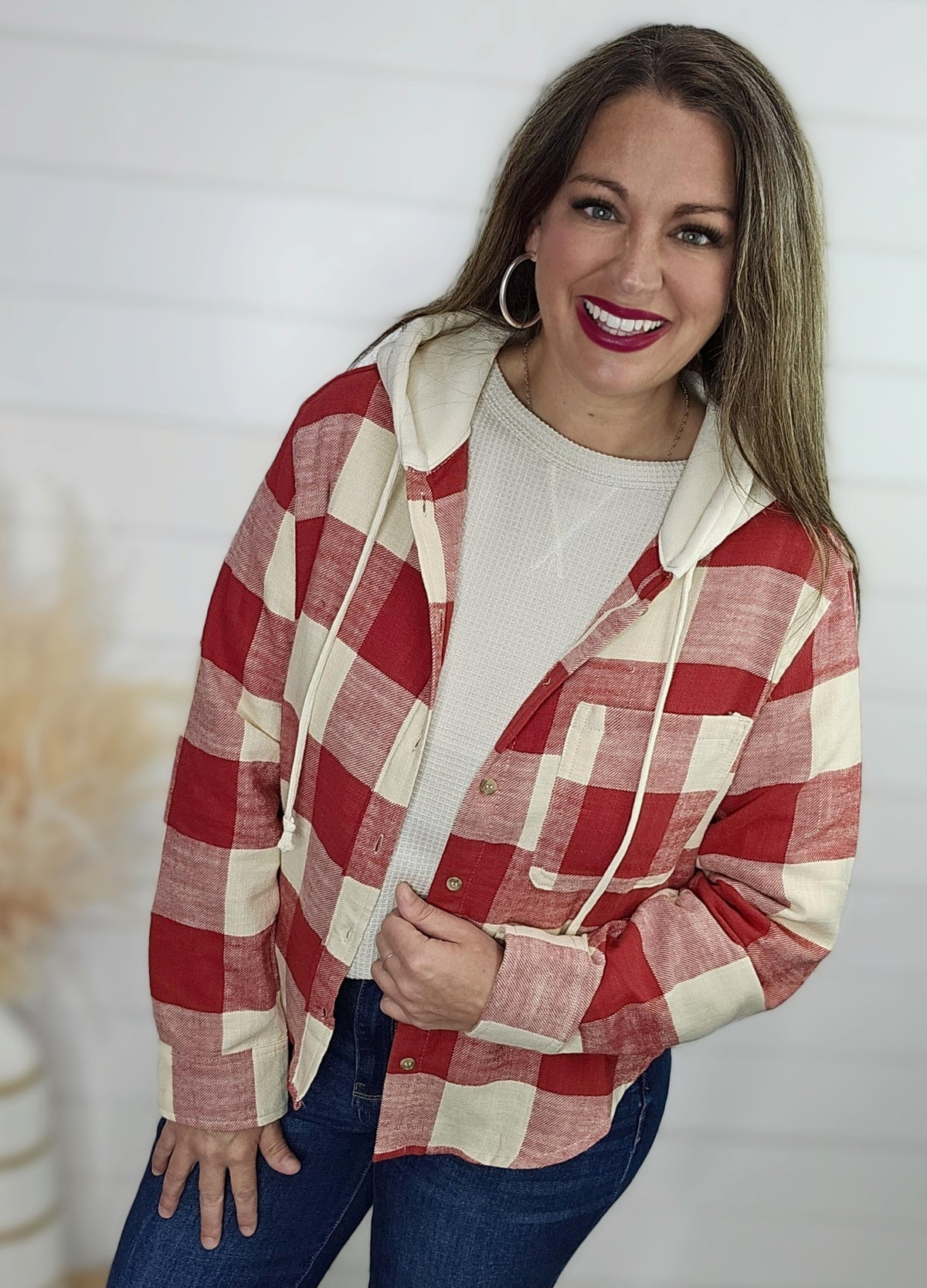 RED LIGHTWEIGHT PLAID HOODED SHIRT