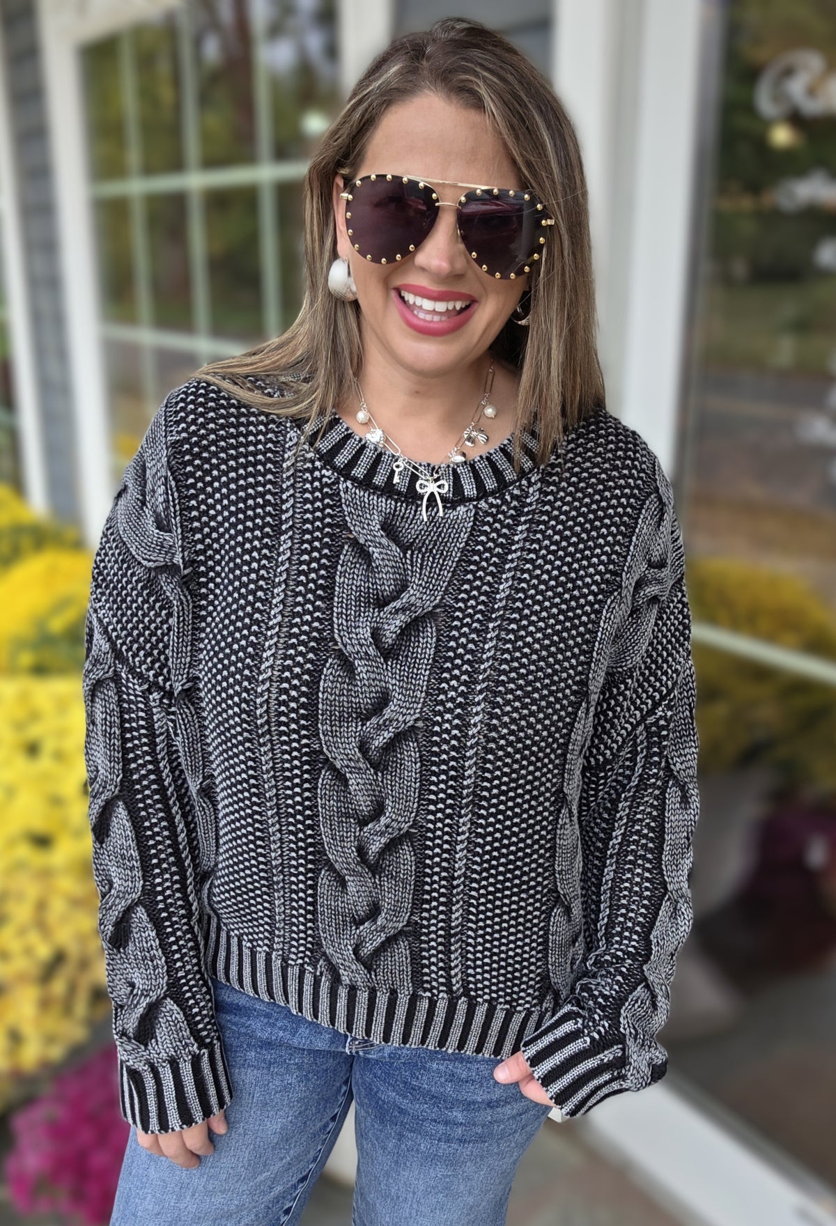 CHARCOAL MINERAL WASH CABLE KNIT SWEATER