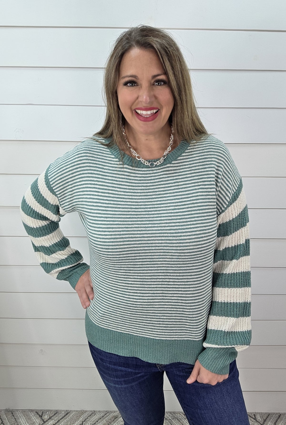 TEAL MIXED STRIPED PULLOVER SWEATERh