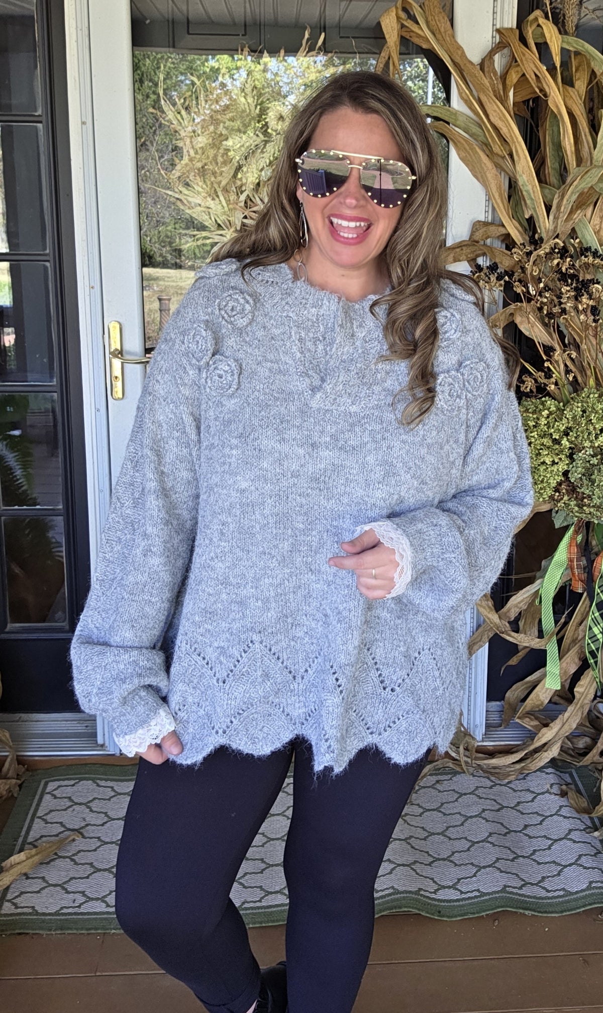 POL HEATHER GREY FLORAL TRIM SWEATER WITH SCALLOPS AND LACE TRIM