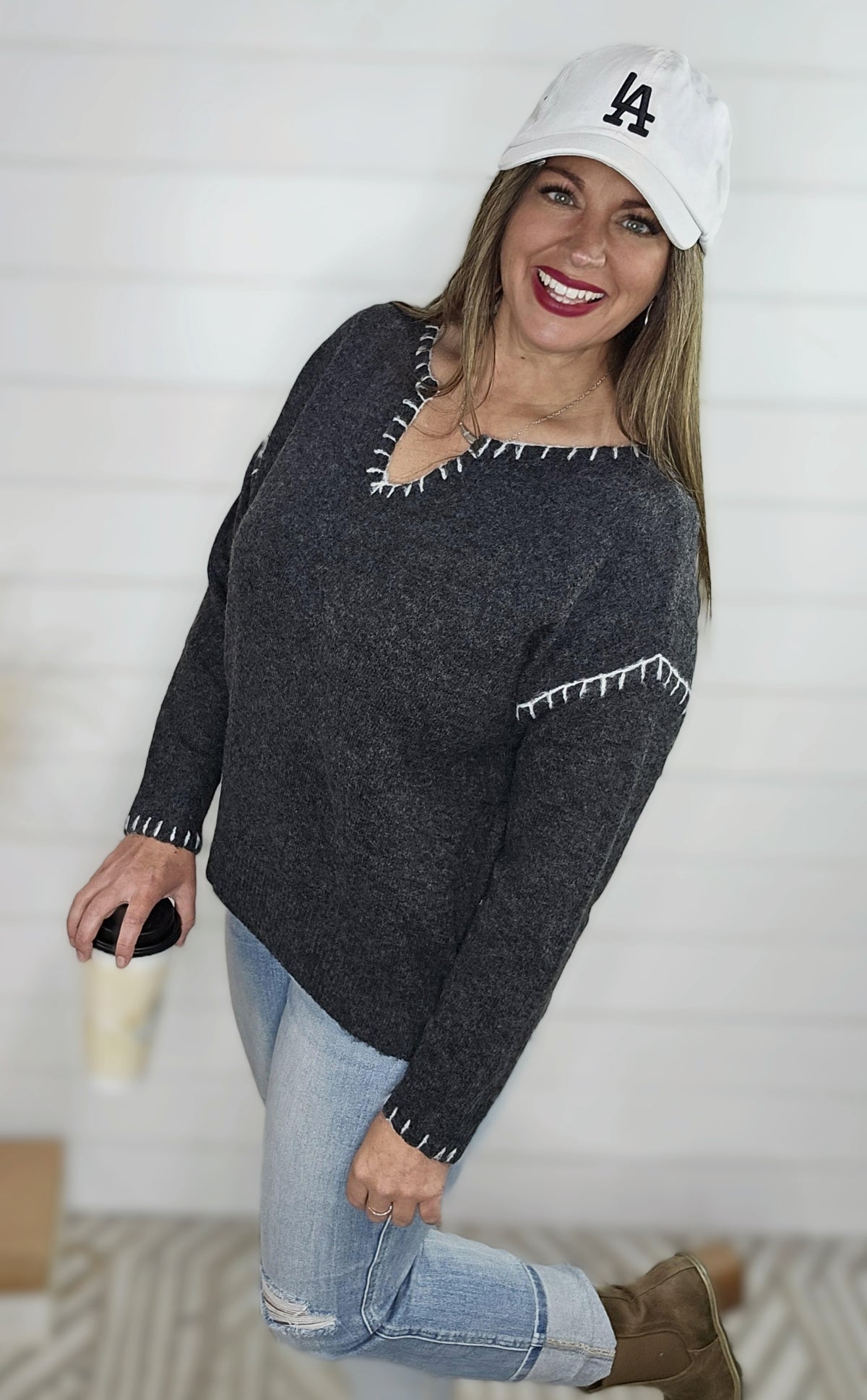 GUN METAL BLANKET STITCH NOTCHED NECKLINE PULLOVER SWEATER