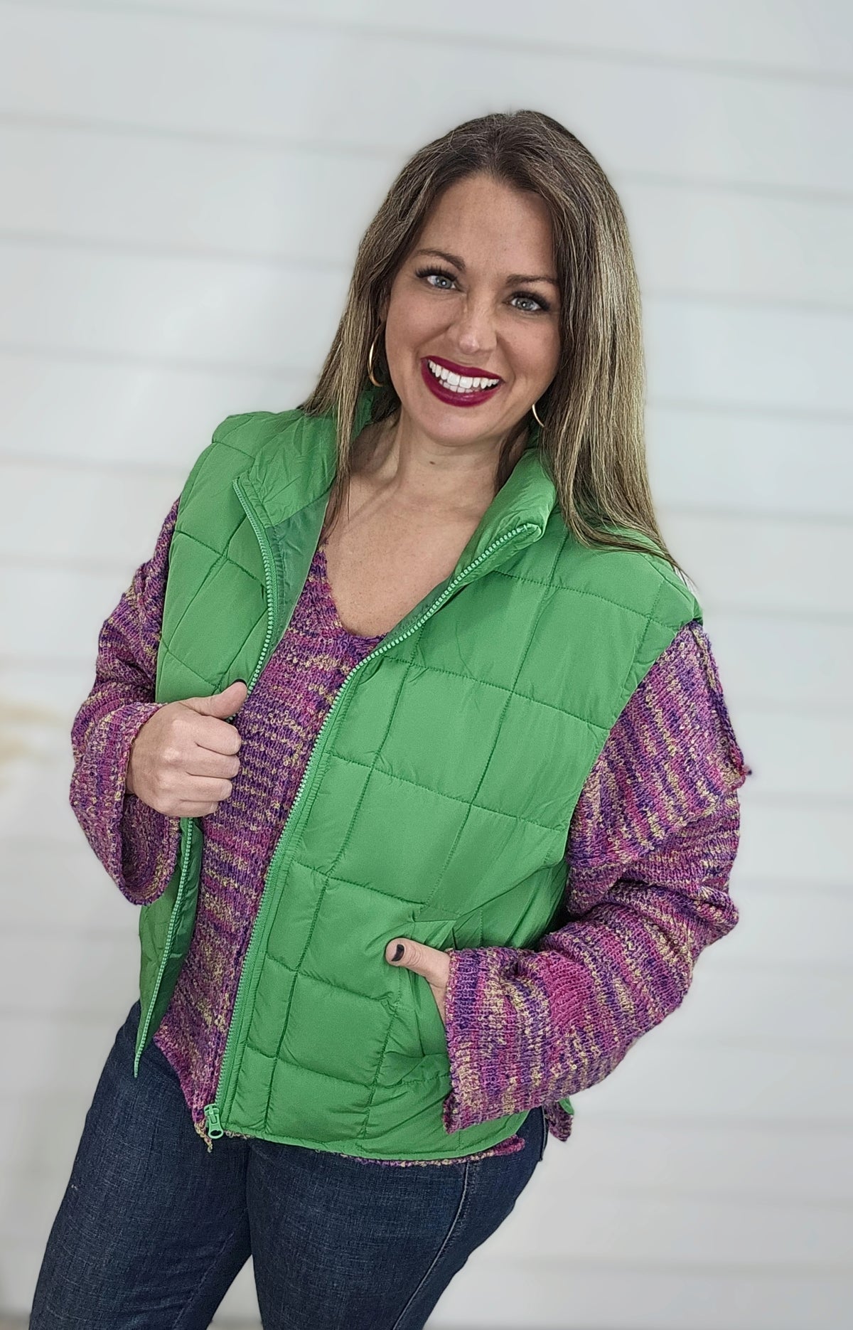 KELLY GREEN PUFFER ZIP VEST