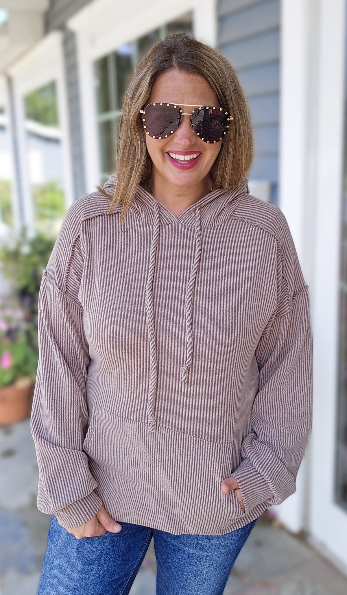 MOCHA BRUSHED RAISED RIBBED HOODIE