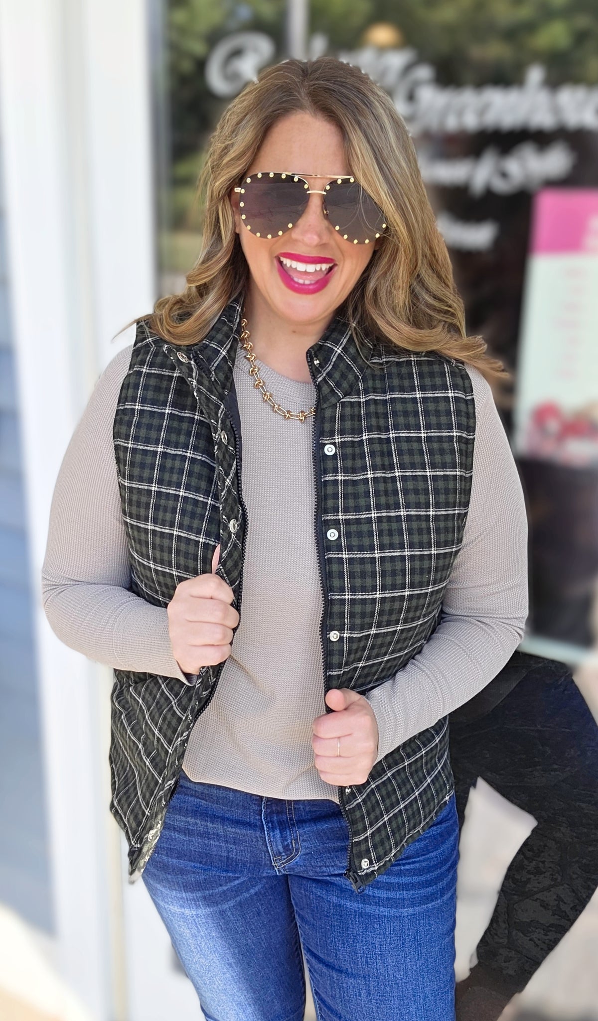 DK GREEN CHECK PLAID SNAP/ZIPPER VEST