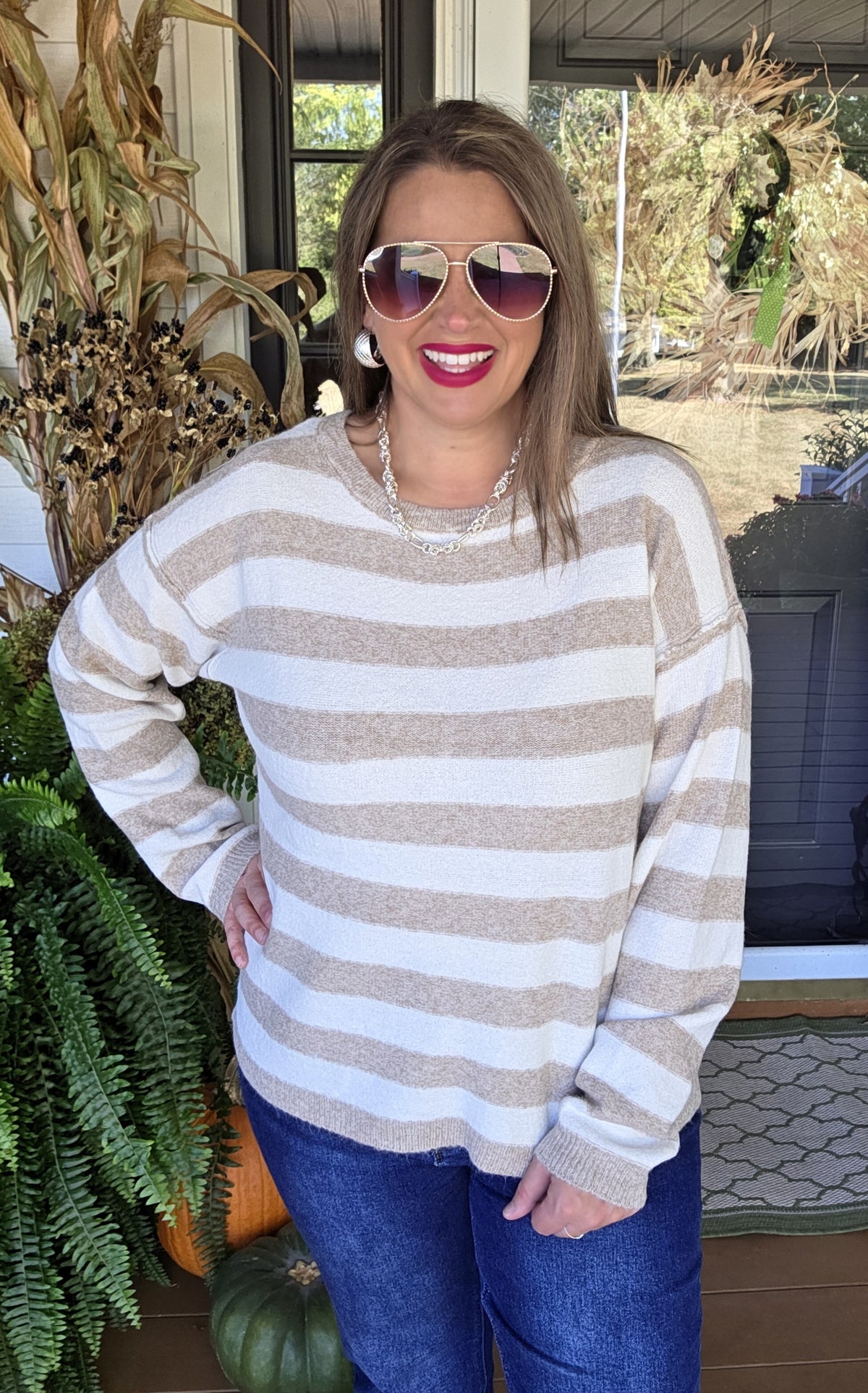 TAUPE STRIPED CREW NECK PULLOVER SWEATER